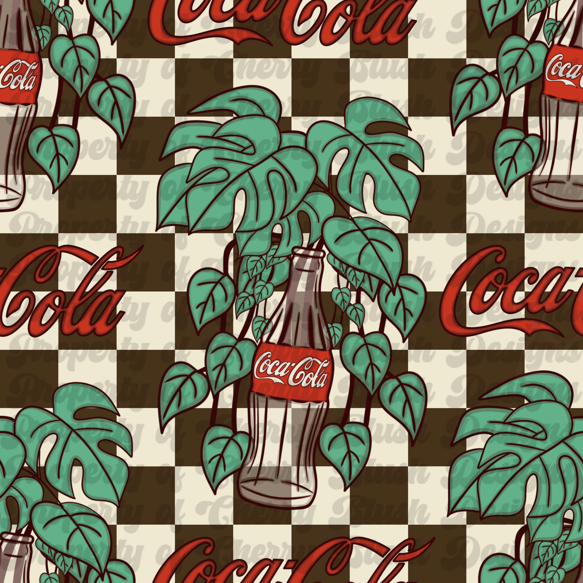 Vintage Cola Jungle Seamless Pattern PNG | Retro Checkerboard Tropical Leaves Digital Paper