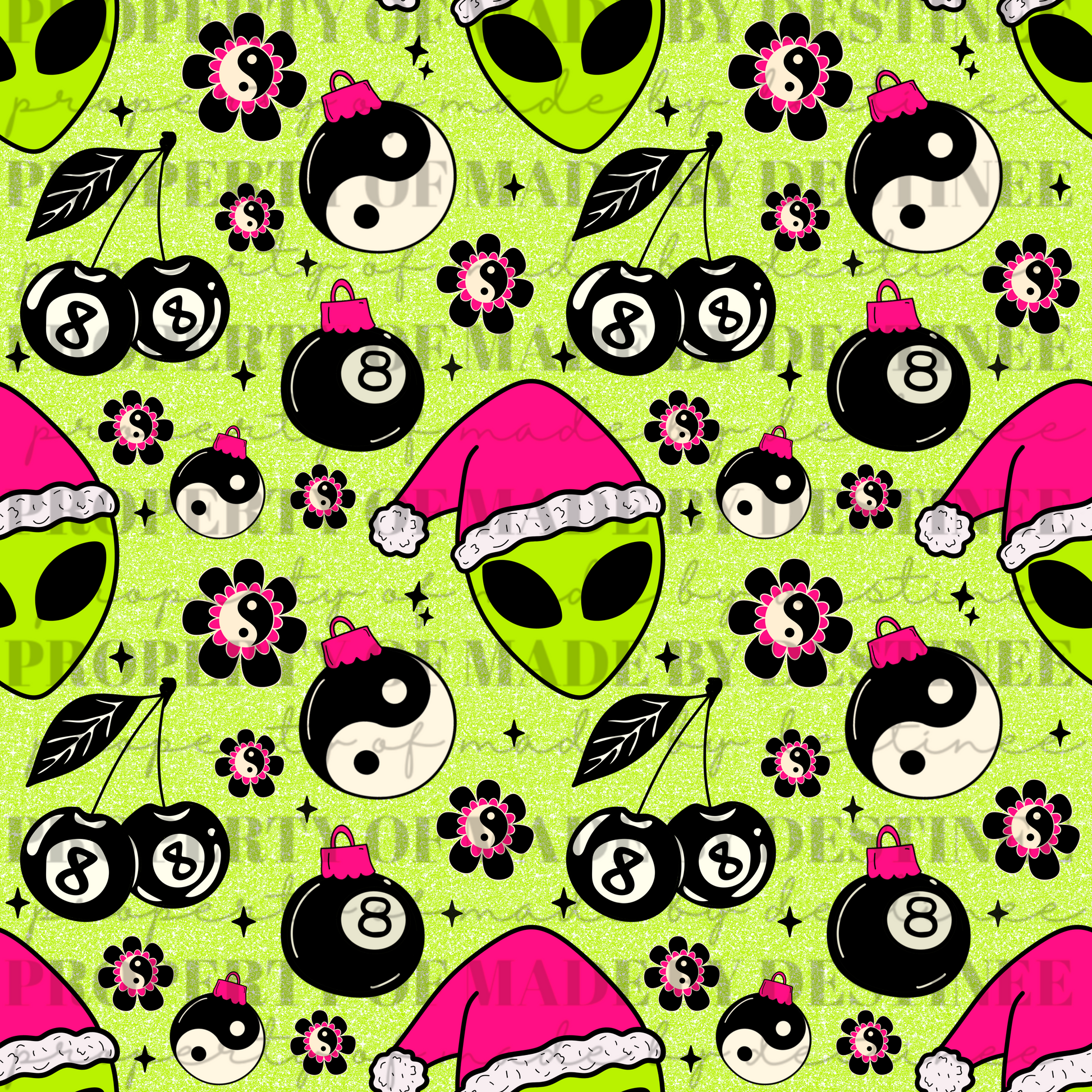 Neon Alien Christmas Seamless Pattern | Hot Pink Flames, Yin Yang, 8 Ball Ornaments & Cherries | Trippy Holiday Seamless Print