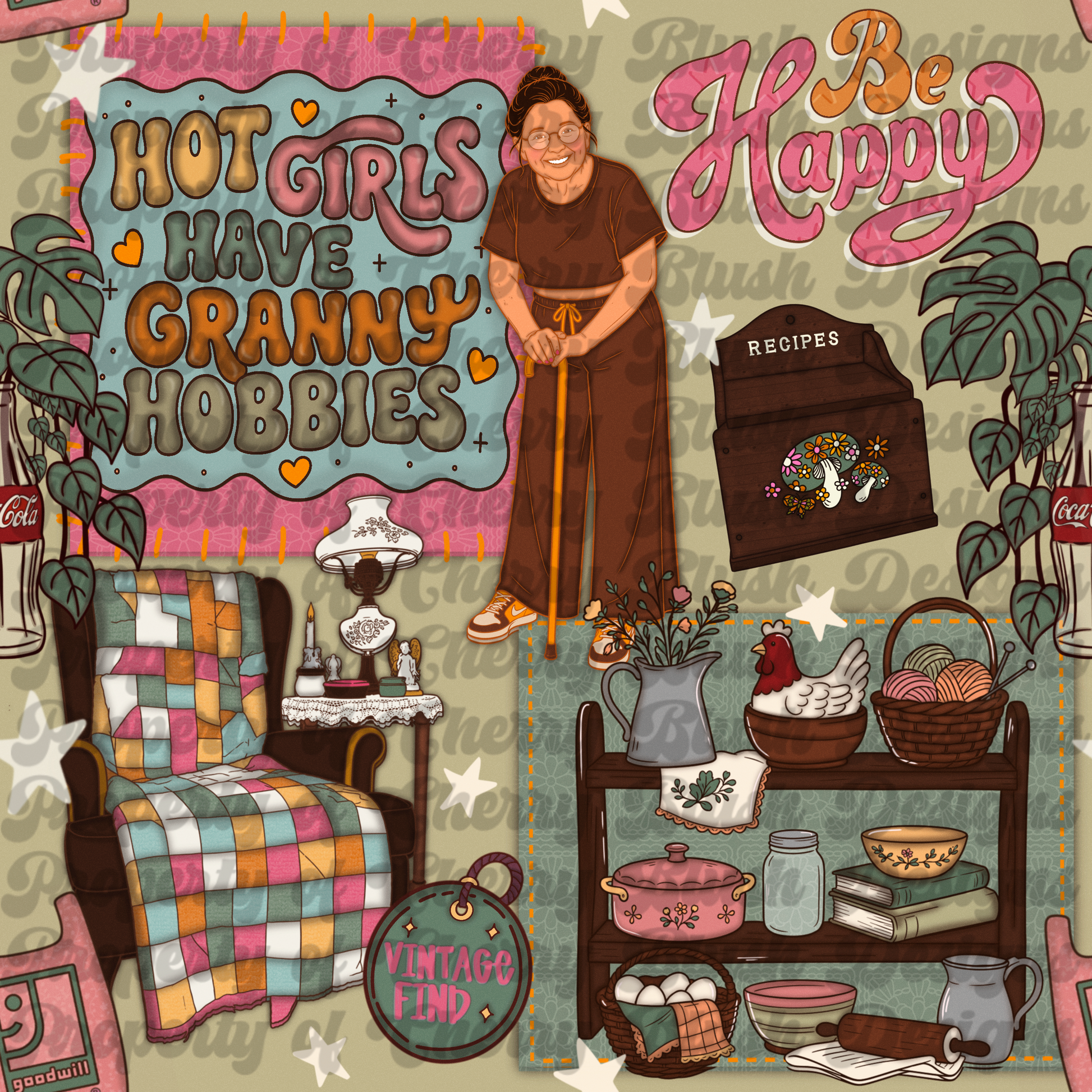 Hot Girls Have Granny Hobbies Seamless Pattern PNG | Retro Thrift Aesthetic | Vintage Cozy Collage Digital Paper | 2400x2400