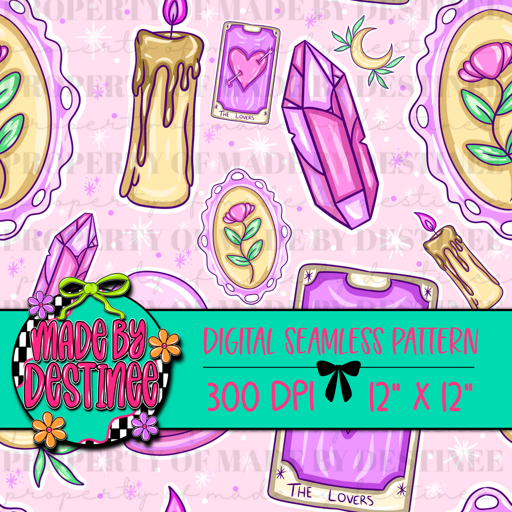 Pink Witchy Tarot Seamless Pattern | Crystal Moon Magic Digital Paper | Lovers Card Sublimation Background