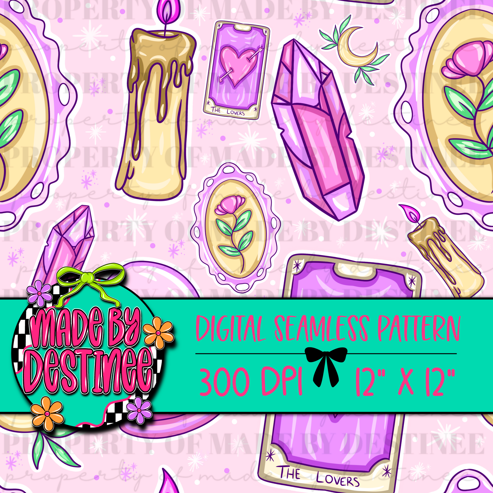 Pink Witchy Tarot Seamless Pattern | Crystal Moon Magic Digital Paper | Lovers Card Sublimation Background