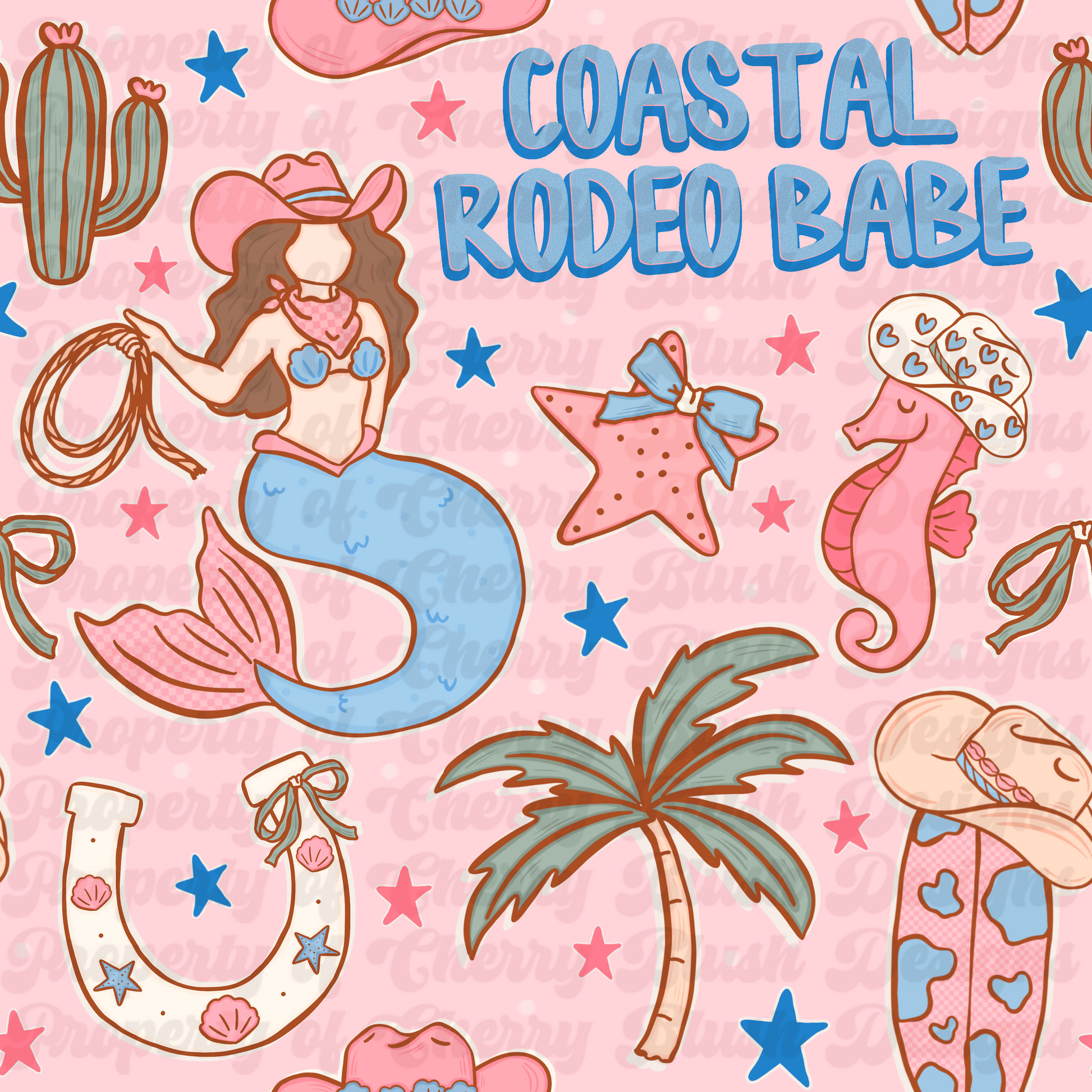 Coastal Rodeo Babe Seamless Pattern | Western Coastal Cowgirl Digital Design