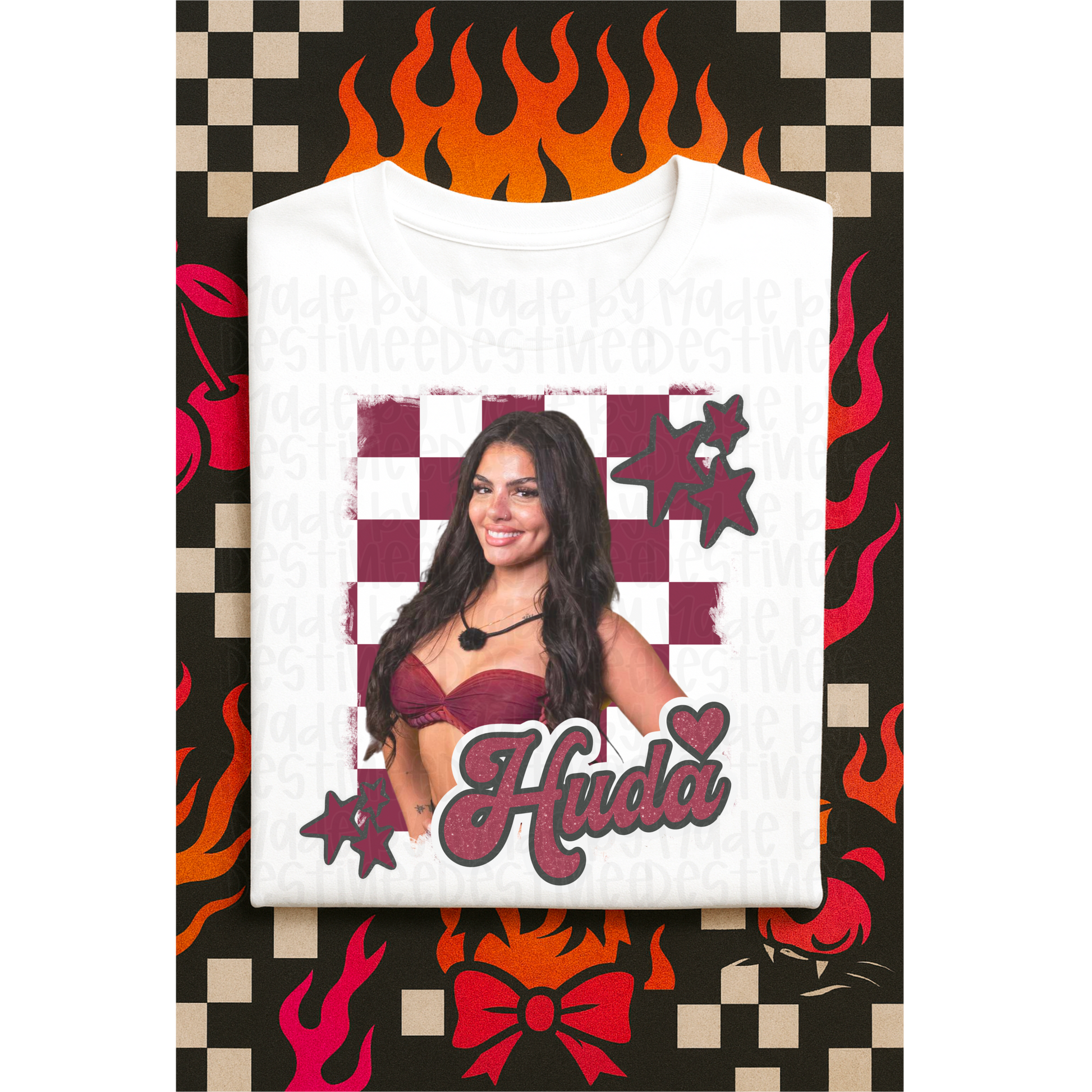 “Huda” Love Island Baddie PNG – Burgundy Glitter Graphic for Sublimation & Projects