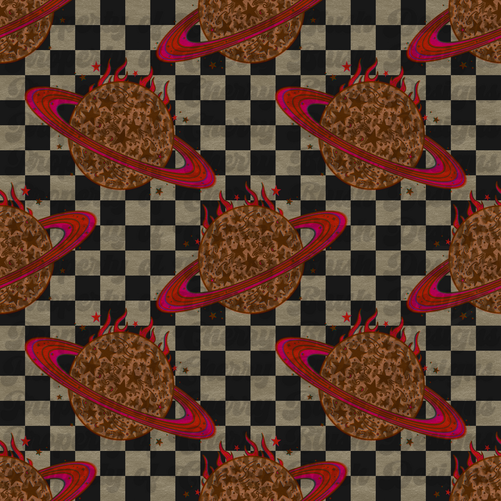 Retro Cosmic Flame Seamless Pattern PNG | Vintage Planet Checkerboard Digital Paper | Trendy Space Western Background | 2400x2400 px