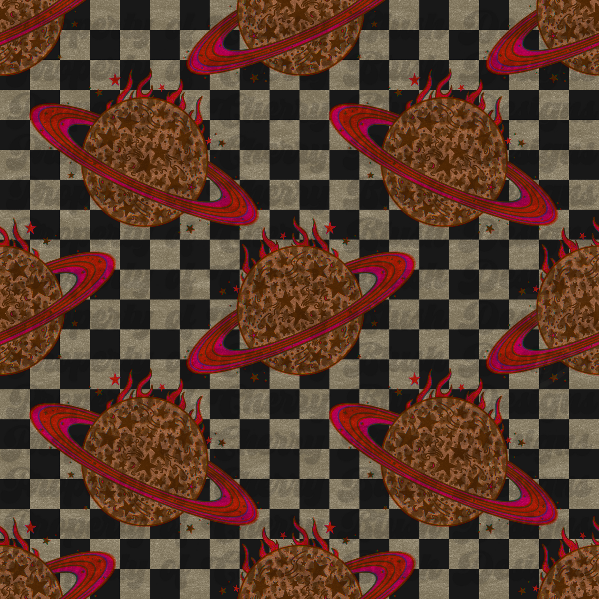 Retro Cosmic Flame Seamless Pattern PNG | Vintage Planet Checkerboard Digital Paper | Trendy Space Western Background | 2400x2400 px