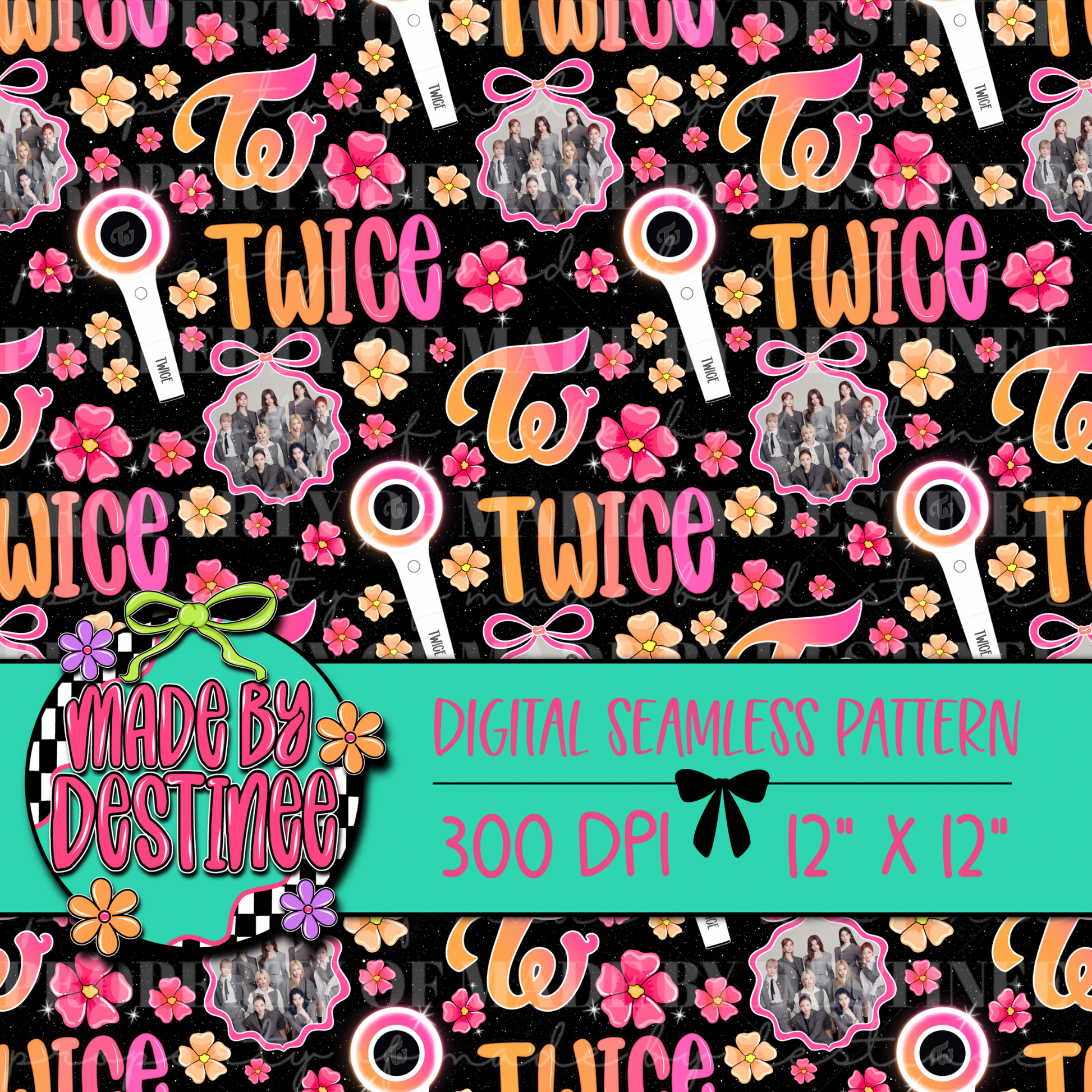 TWICE K-Pop Floral Seamless Pattern | Pink & Orange Lightstick Background