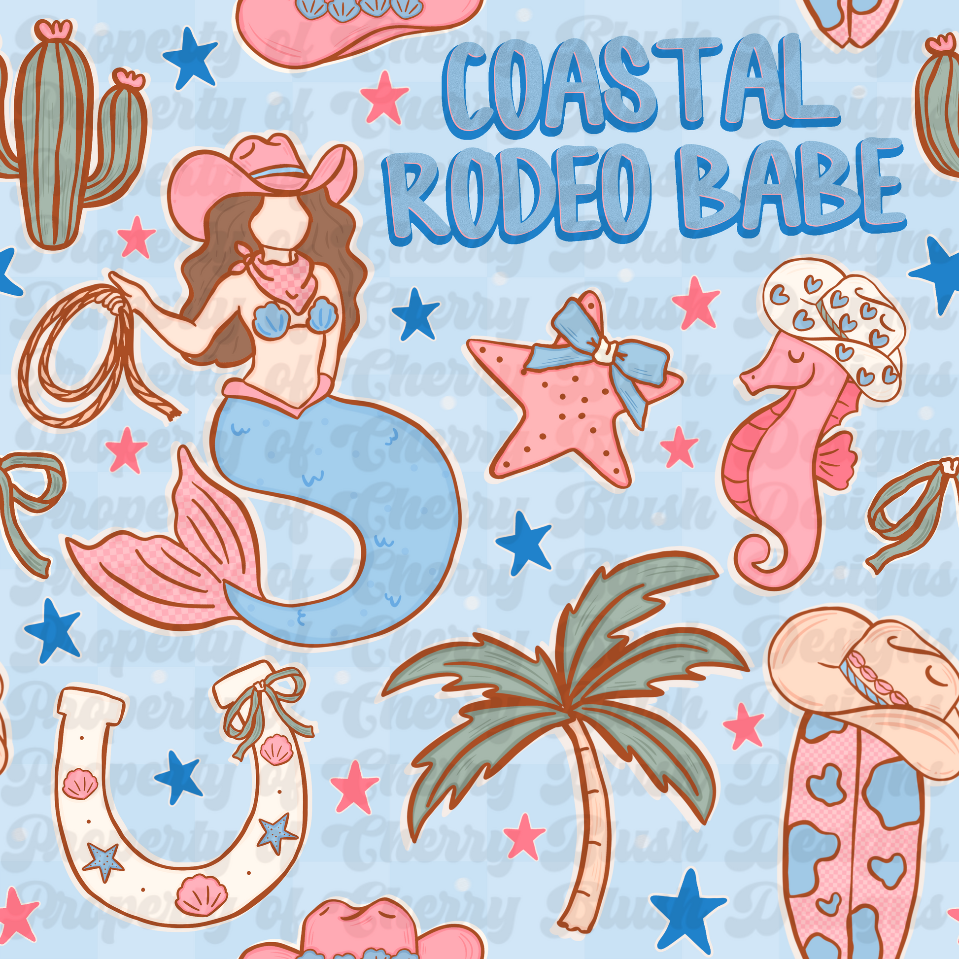 Coastal Rodeo Babe Seamless Pattern | Western Coastal Cowgirl Digital Design