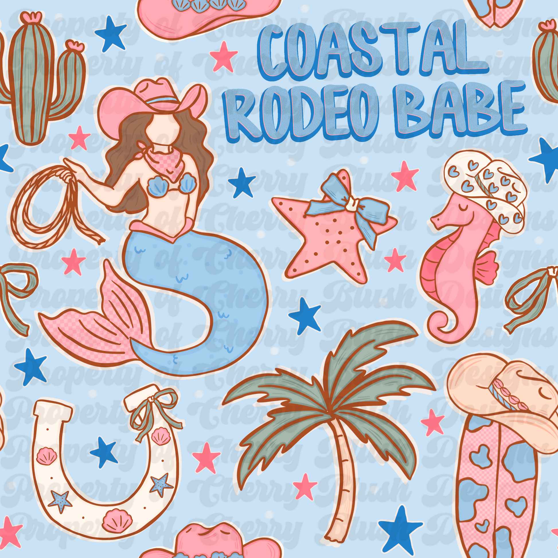 Coastal Rodeo Babe Seamless Pattern | Western Coastal Cowgirl Digital Design