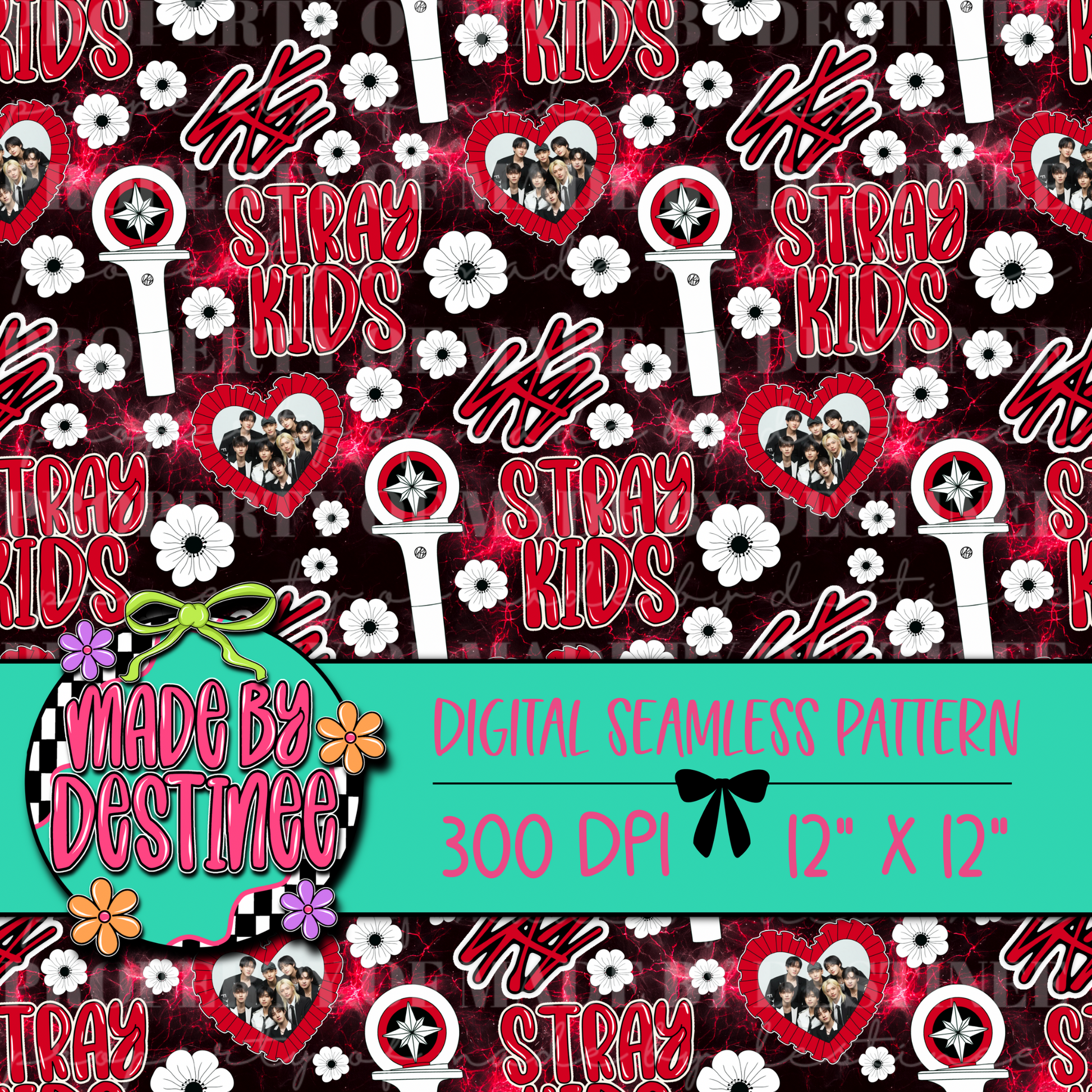 Stray Kids K-Pop Seamless Pattern | Red & Black Heart Lightstick Floral Background