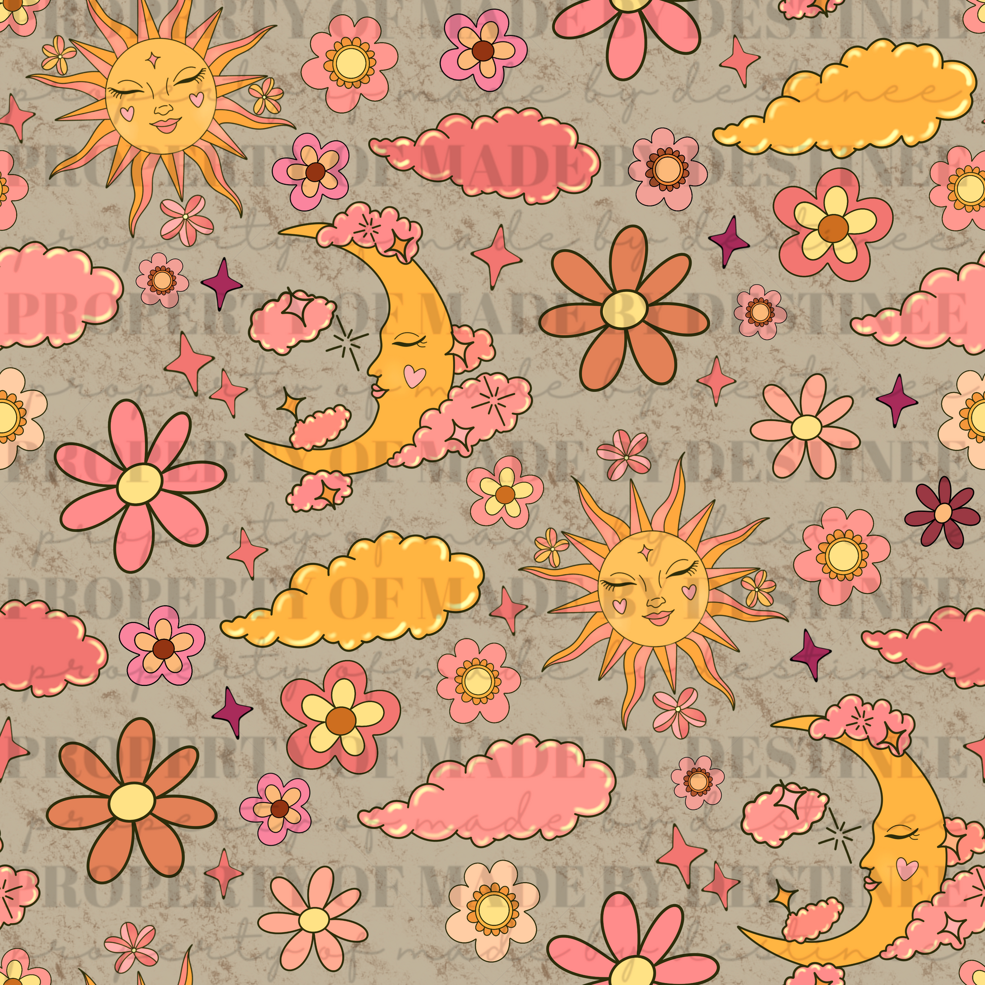 Retro Celestial Sun & Moon Seamless Pattern | Groovy Pink Floral Sky Background
