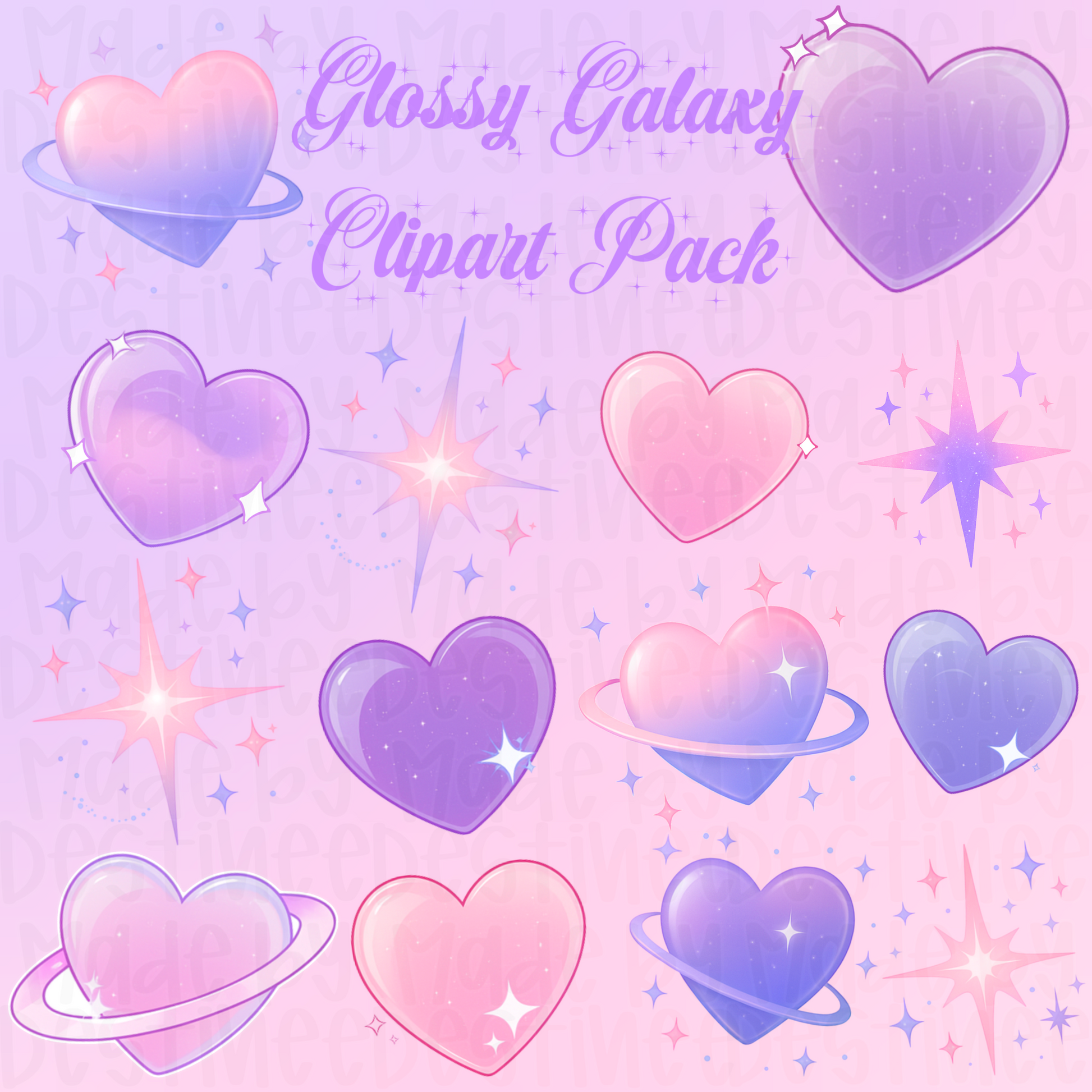 💜 Glossy Galaxy Clipart Pack – Pastel Hearts, Stars & Planet Aesthetic (PNG)