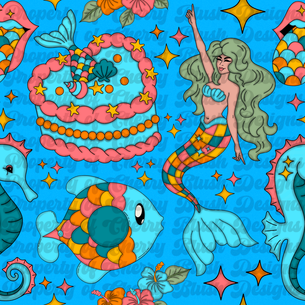 Mermaid Baddie Seamless Pattern 🌊🧜‍♀️ | Retro Tropical Ocean Print | Dopamine Summer Design (2 Colorways)