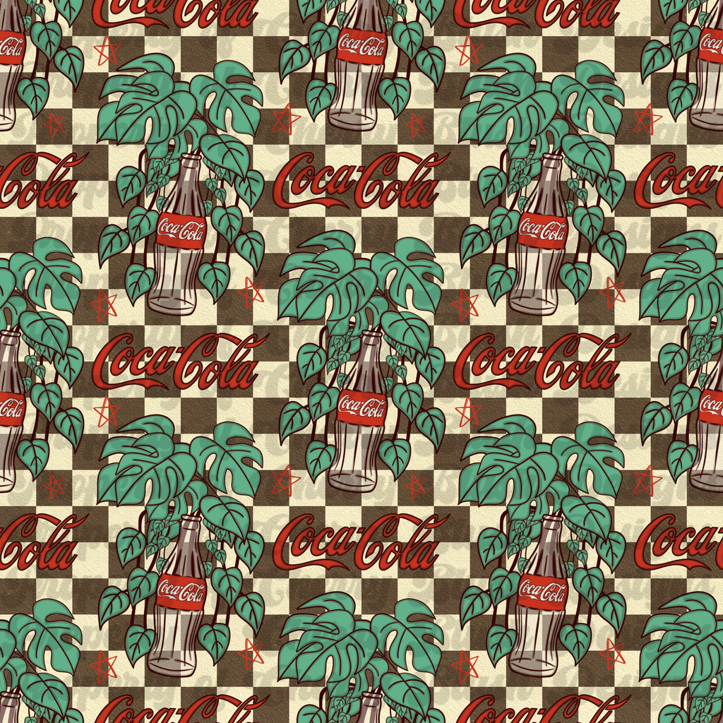 Vintage Cola Jungle Seamless Pattern PNG | Retro Checkerboard Tropical Leaves Digital Paper
