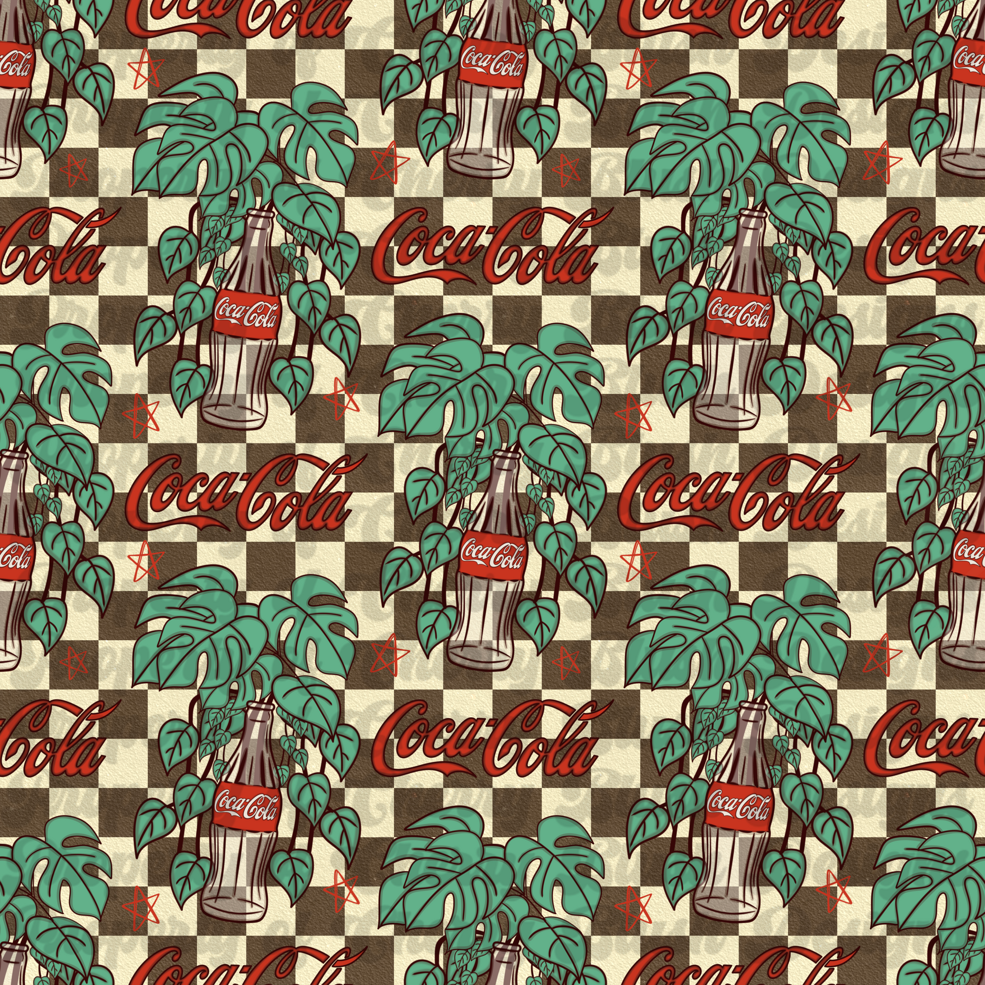 Vintage Cola Jungle Seamless Pattern PNG | Retro Checkerboard Tropical Leaves Digital Paper