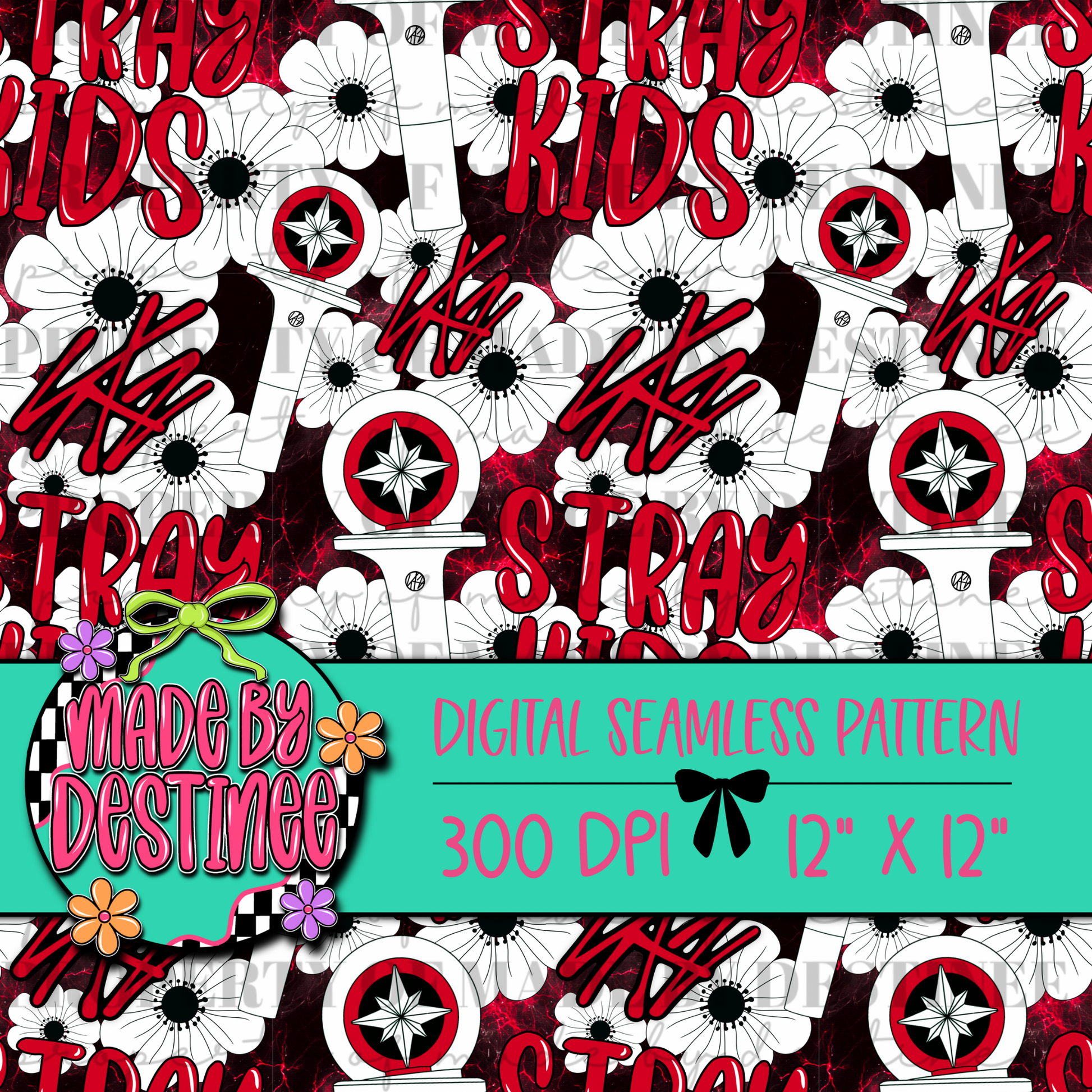 Stray Kids K-Pop Seamless Pattern | Red & White Floral Lightstick Design