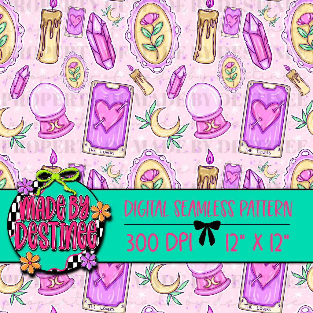 Pink Witchy Tarot Seamless Pattern | Crystal Moon Magic Digital Paper | Lovers Card Sublimation Background