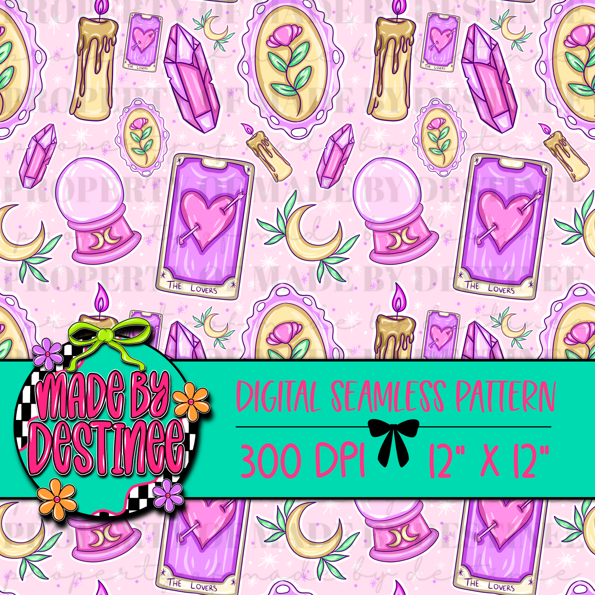 Pink Witchy Tarot Seamless Pattern | Crystal Moon Magic Digital Paper | Lovers Card Sublimation Background