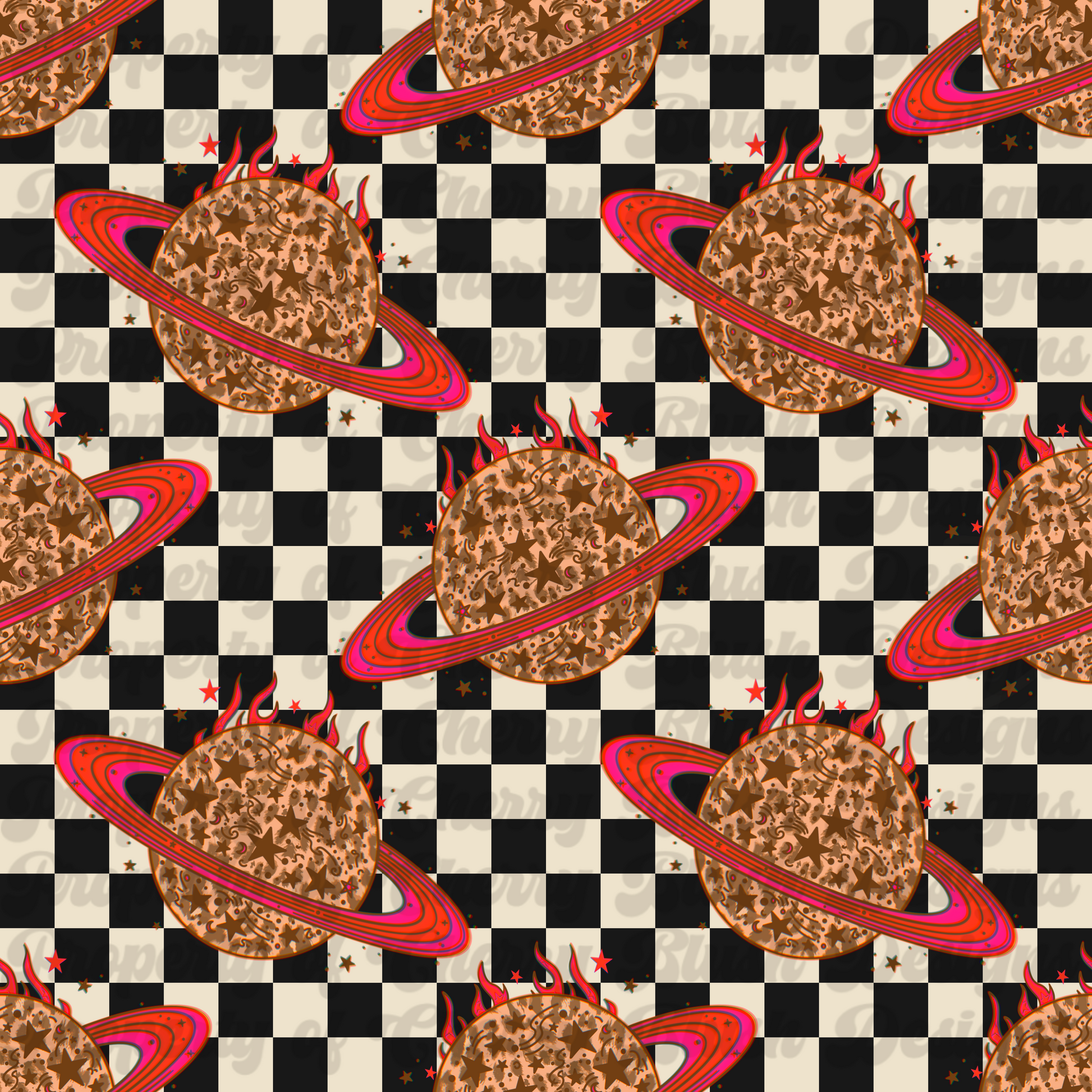 Retro Cosmic Flame Seamless Pattern PNG | Vintage Planet Checkerboard Digital Paper | Trendy Space Western Background | 2400x2400 px