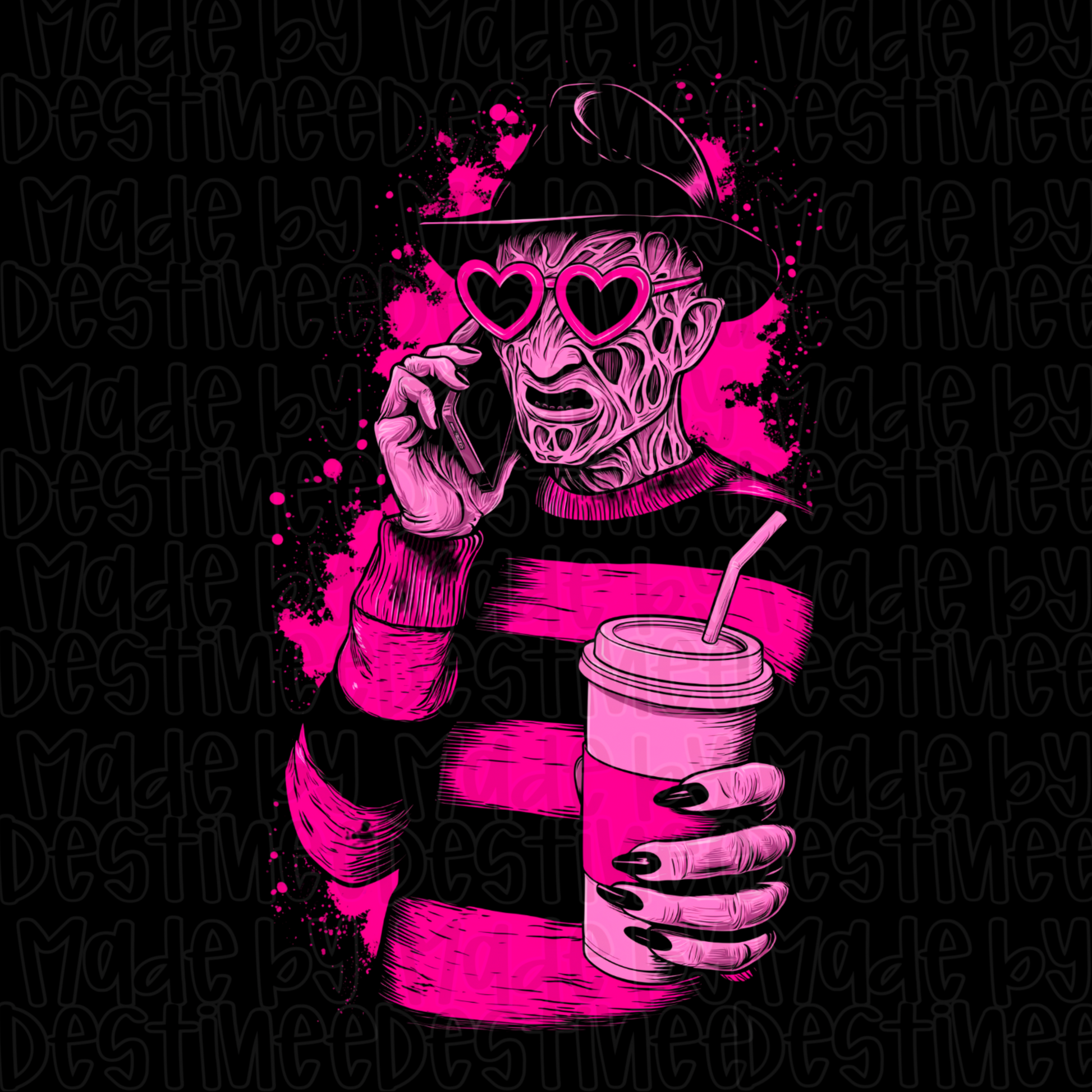 💅 Freddy Krueger Baddie – Slasher Latte Queen PNG (Dark Background)