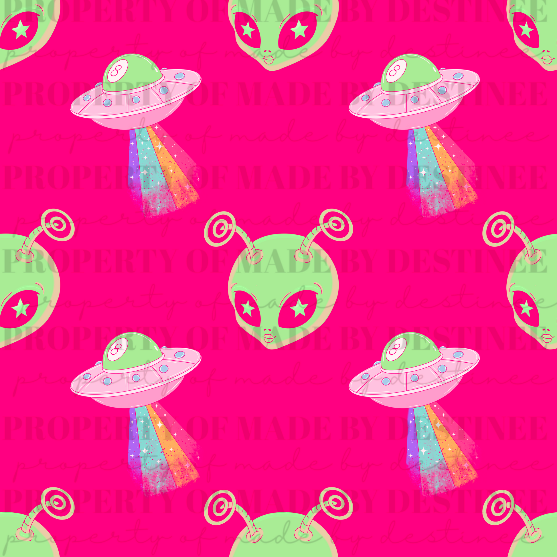 Star-Eyed Alien Seamless Digital Design | Pastel Green Alien with Rainbow UFO Beams on Hot Pink Background PNG