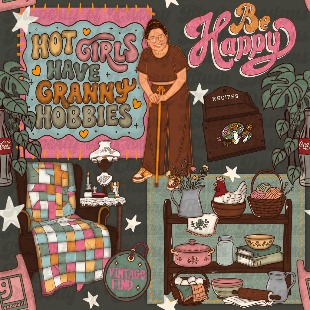 Hot Girls Have Granny Hobbies Seamless Pattern PNG | Retro Thrift Aesthetic | Vintage Cozy Collage Digital Paper | 2400x2400