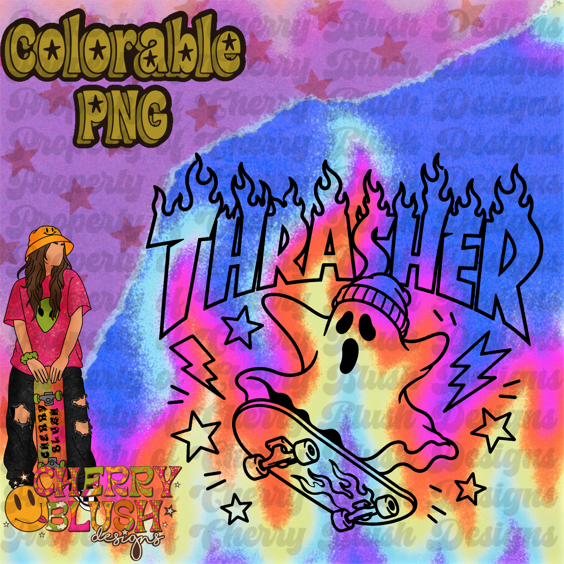 Skater Ghost Colorable PNG