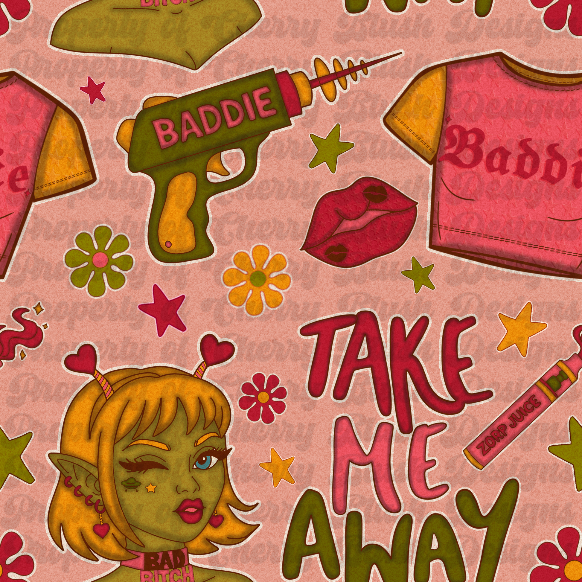 Take Me Away Seamless Pattern 👽💋 | Retro Alien Baddie Print | Y2K Dopamine Graphic (2 Colorways)