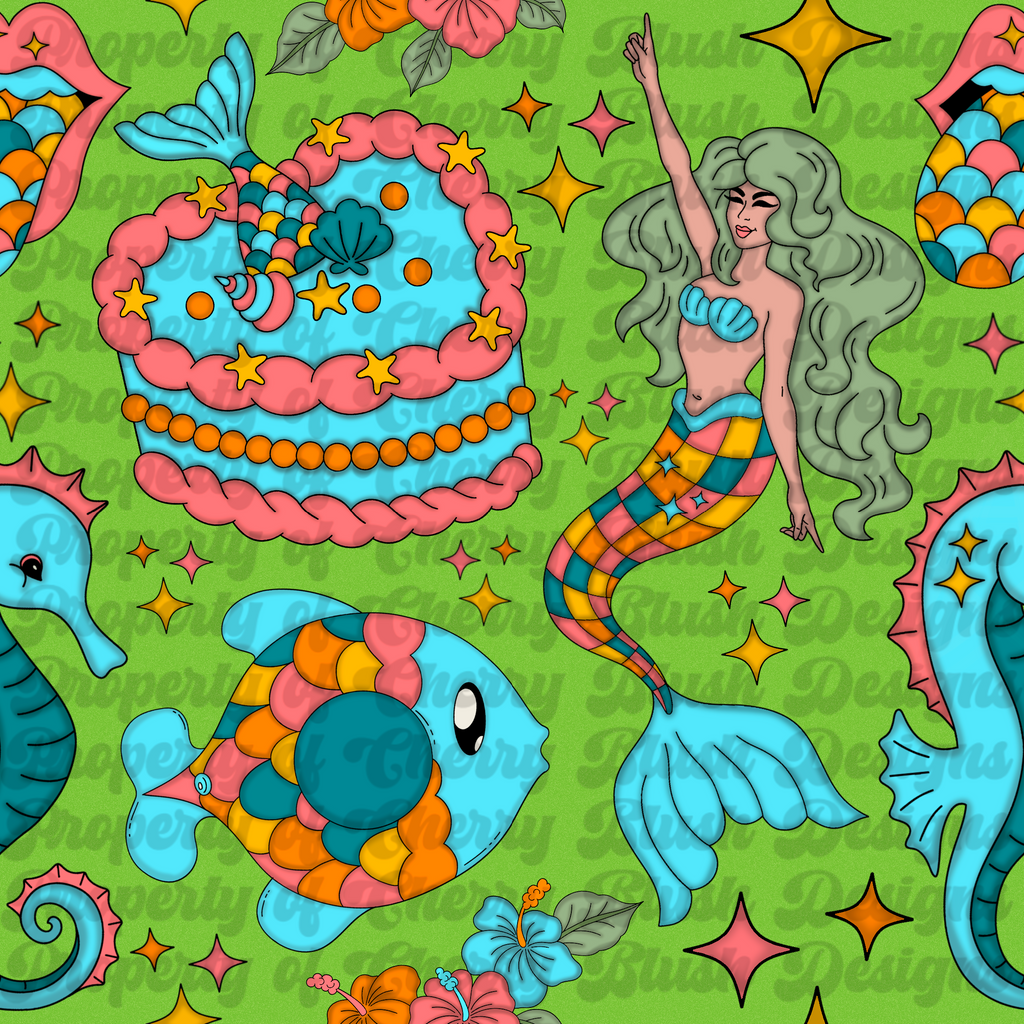 Mermaid Baddie Seamless Pattern 🌊🧜‍♀️ | Retro Tropical Ocean Print | Dopamine Summer Design (2 Colorways)