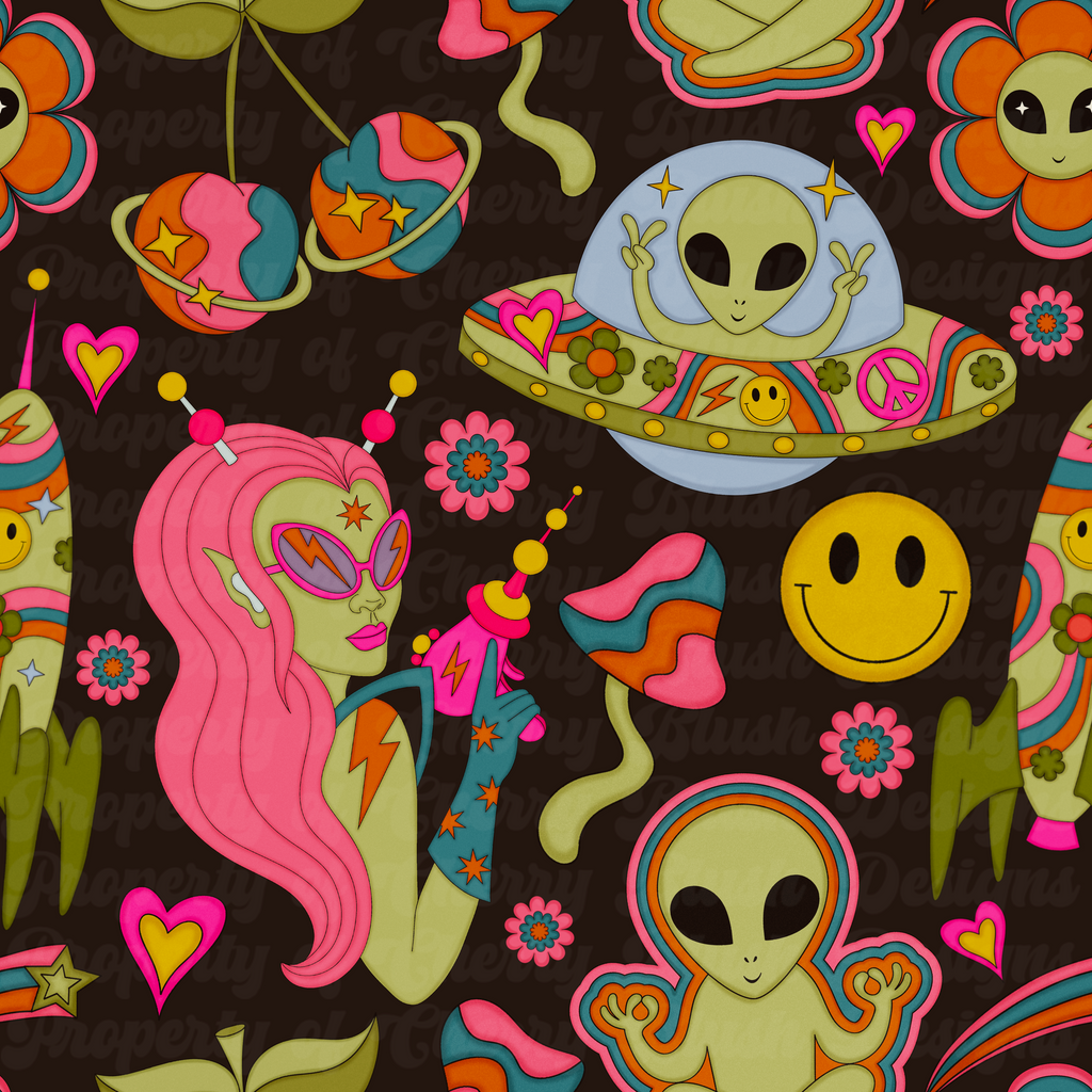 👽🌈 Cosmic Cutie Alien Seamless | Retro Space Girl, UFO, Smiley, Trippy Y2K Pattern