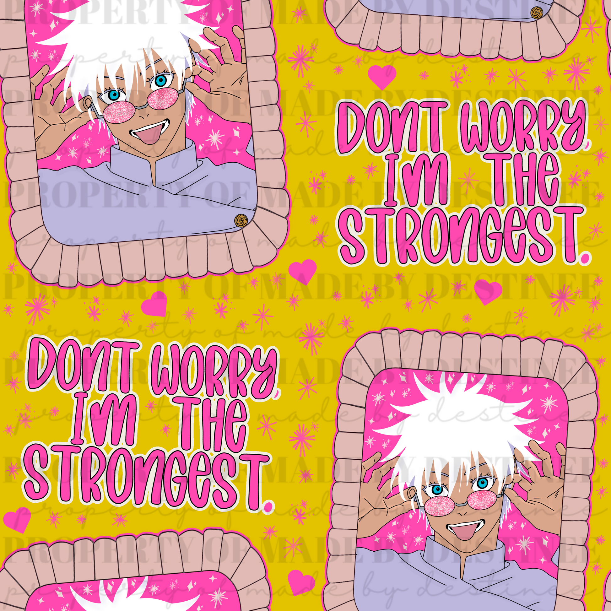 Gojo Satoru “Don’t Worry I’m the Strongest” Seamless Pattern | Anime Cute Pink Kawaii Wallpaper