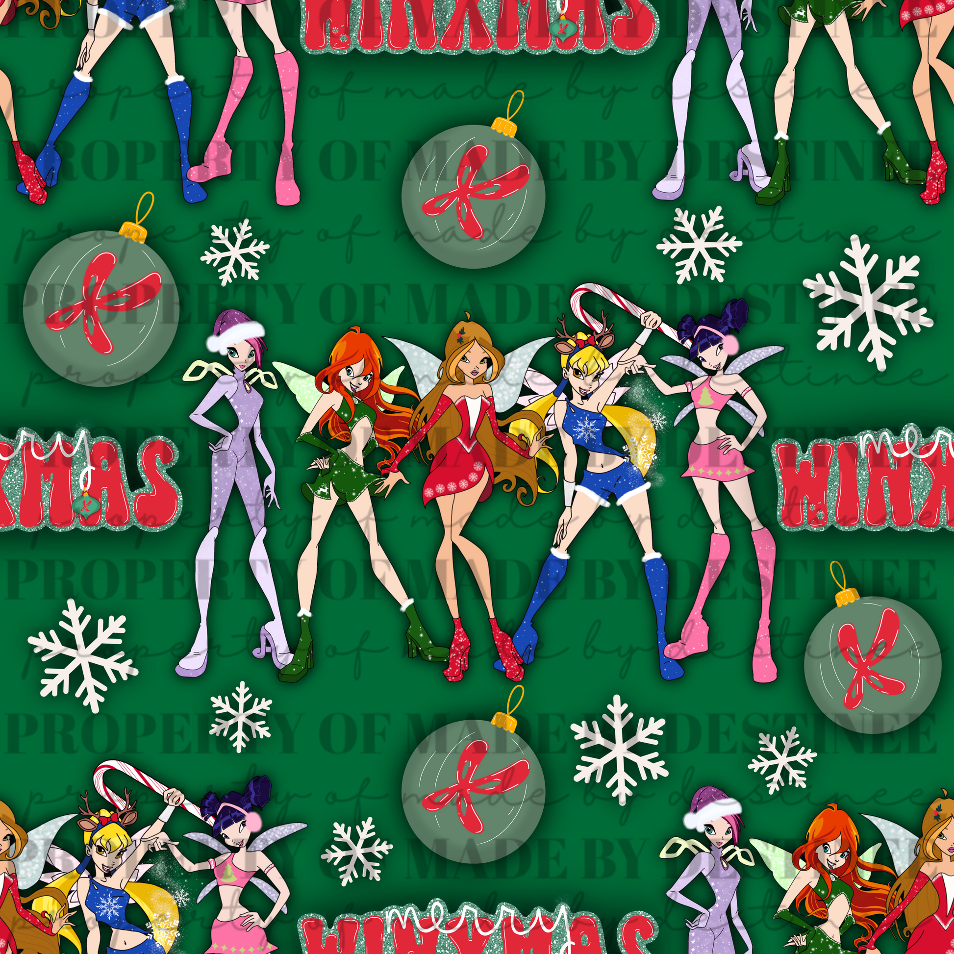 🎄 Winx Club “Merry Winxmas” Green Seamless Pattern | Retro Christmas PNG Background | Made by Destinee x Ditsy Gal Designs