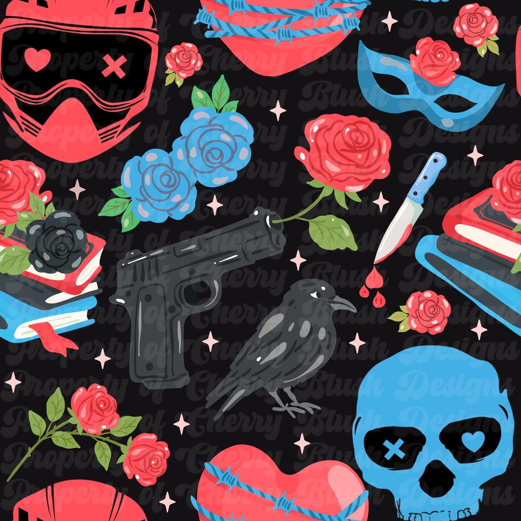 Dark Romance Killer Hearts Seamless Pattern | Helmets, Skulls, Roses & Weapons