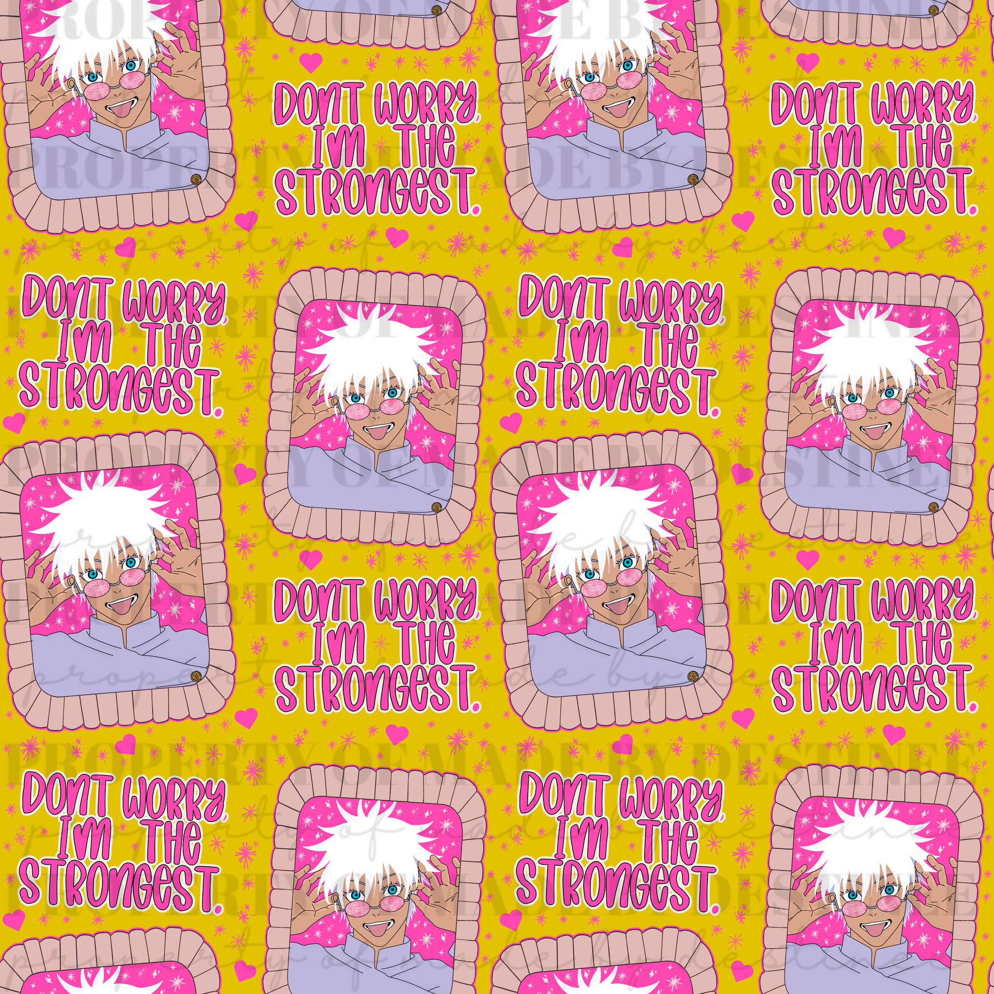 Gojo Satoru “Don’t Worry I’m the Strongest” Seamless Pattern | Anime Cute Pink Kawaii Wallpaper