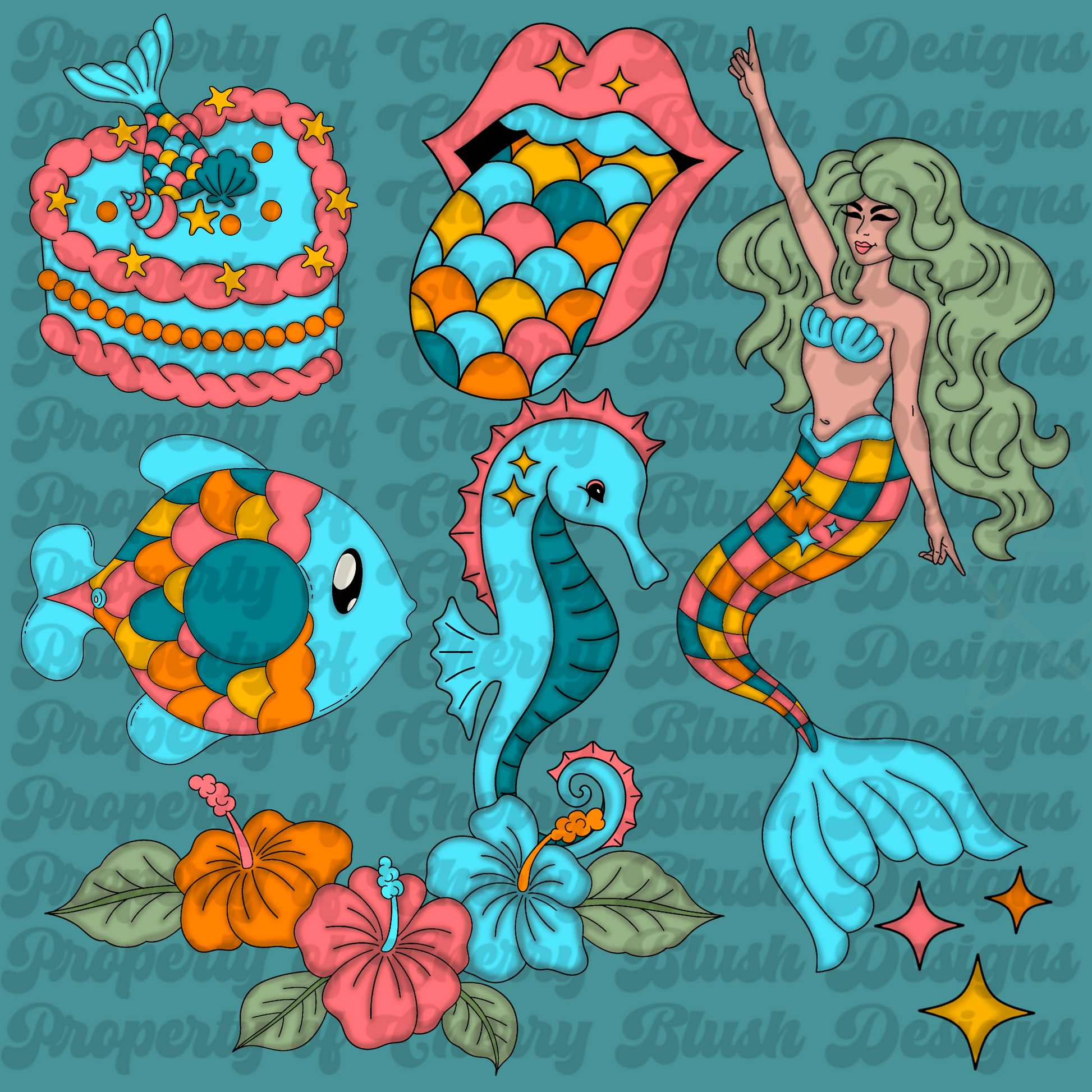 Mermaid Baddie Clipart Pack 🧜‍♀️🌺 | Retro Tropical PNGs | Dopamine Ocean Graphics (7 Pieces)