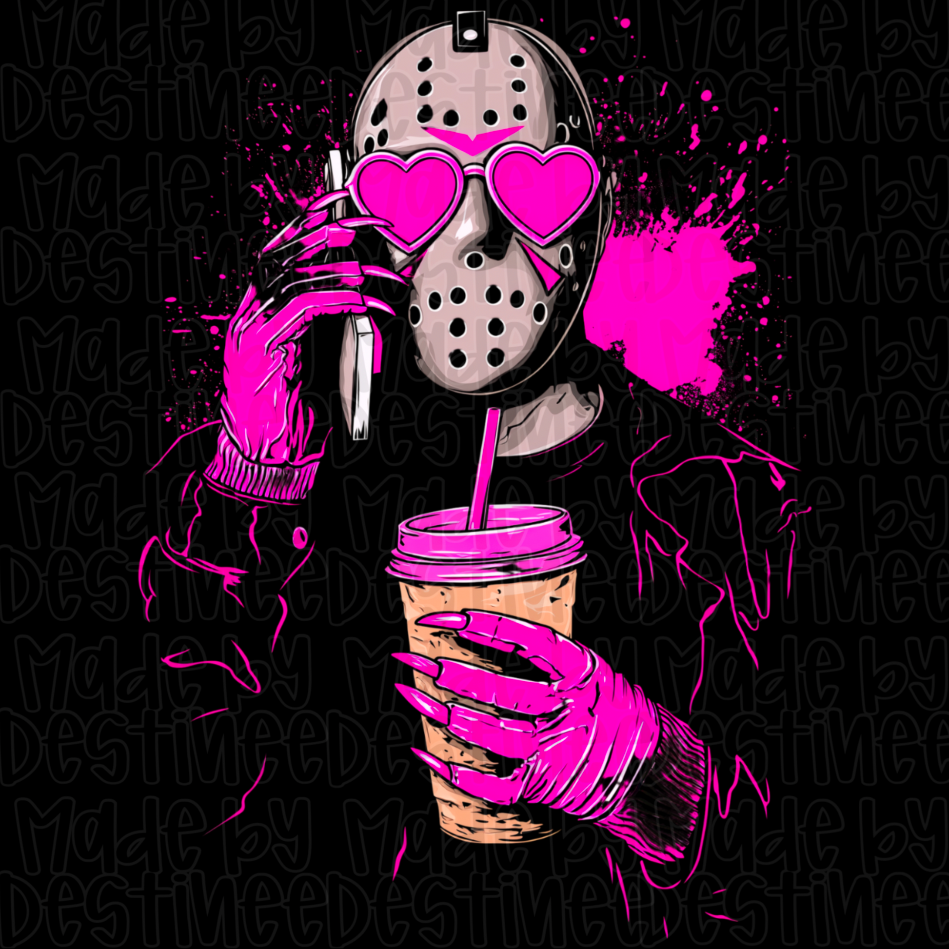 🔪 Jason Voorhees Baddie – Pink Horror Latte PNG for Dark Backgrounds