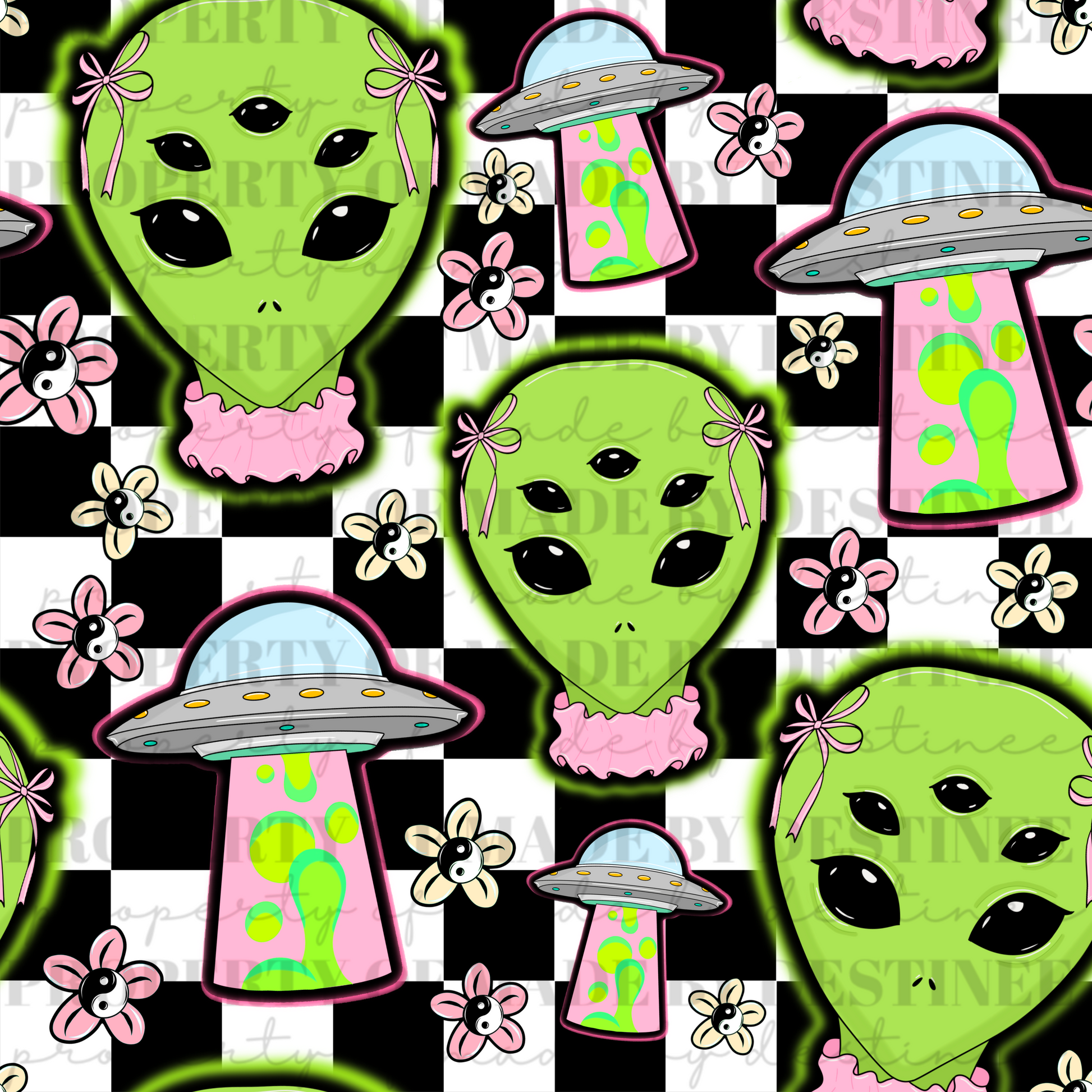 Coquette Alien Seamless Digital Design | Pastel UFO, Checkerboard, and Yin-Yang Flower Pattern PNG