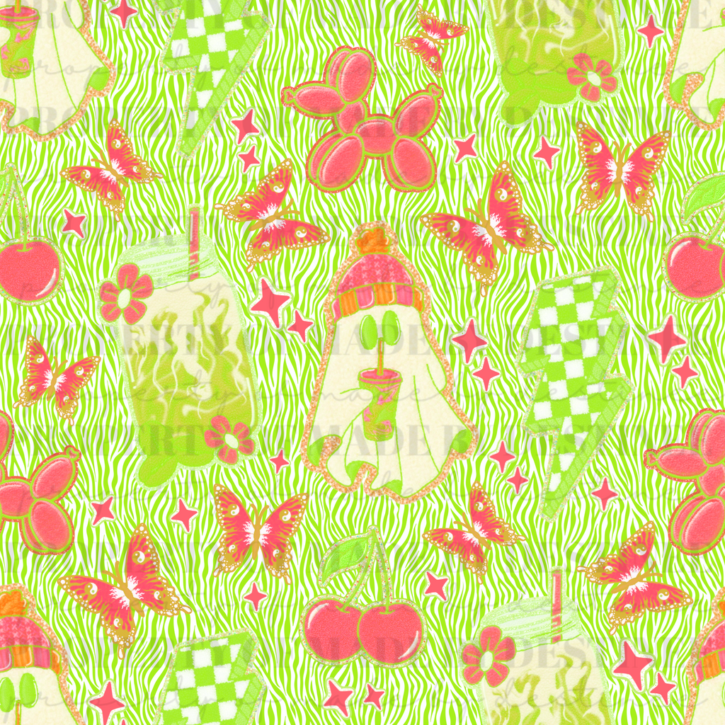 Zebra Print Pink Ghost & Retro Y2K Seamless Pattern | Spooky Cute PNG Background | Cherries, Butterflies & Checker Lightning