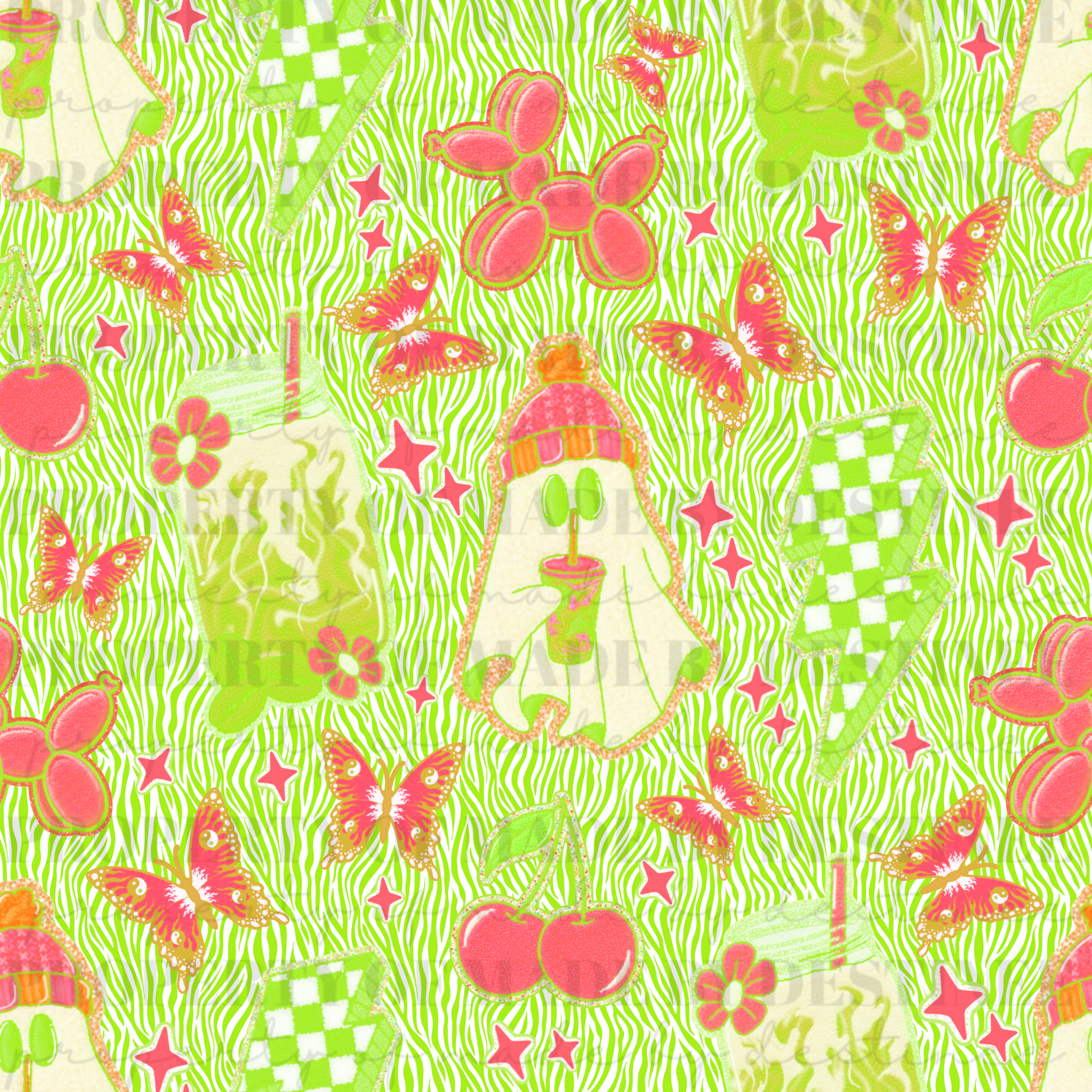 Zebra Print Pink Ghost & Retro Y2K Seamless Pattern | Spooky Cute PNG Background | Cherries, Butterflies & Checker Lightning
