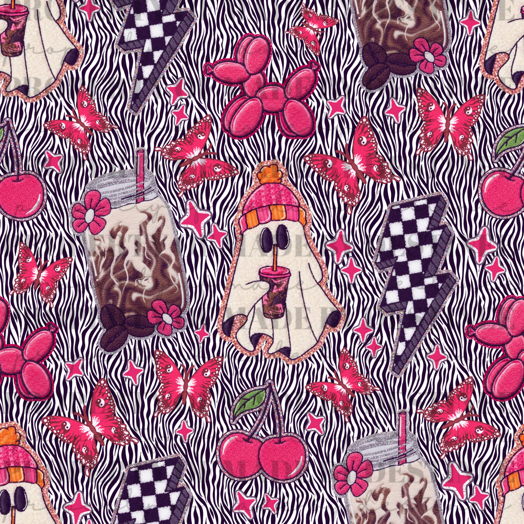 Zebra Print Pink Ghost & Retro Y2K Seamless Pattern | Spooky Cute PNG Background | Cherries, Butterflies & Checker Lightning