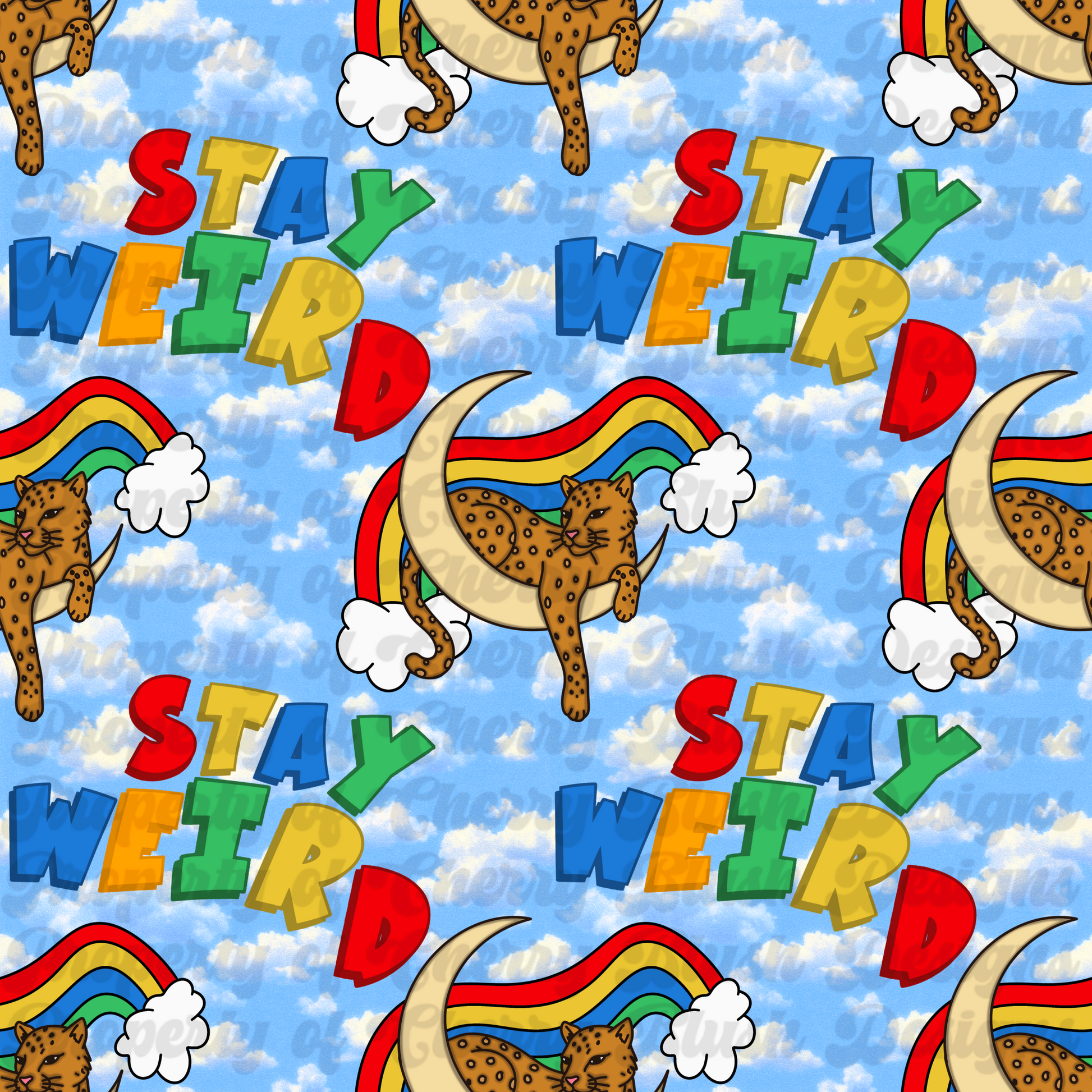🌈 Stay Weird Retro Leopard Seamless Pattern | Groovy Rainbow Cheetah Digital Paper | Trendy Checkerboard & Cloud Background