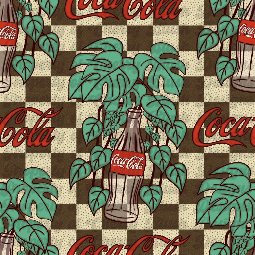 Vintage Cola Jungle Seamless Pattern PNG | Retro Checkerboard Tropical Leaves Digital Paper