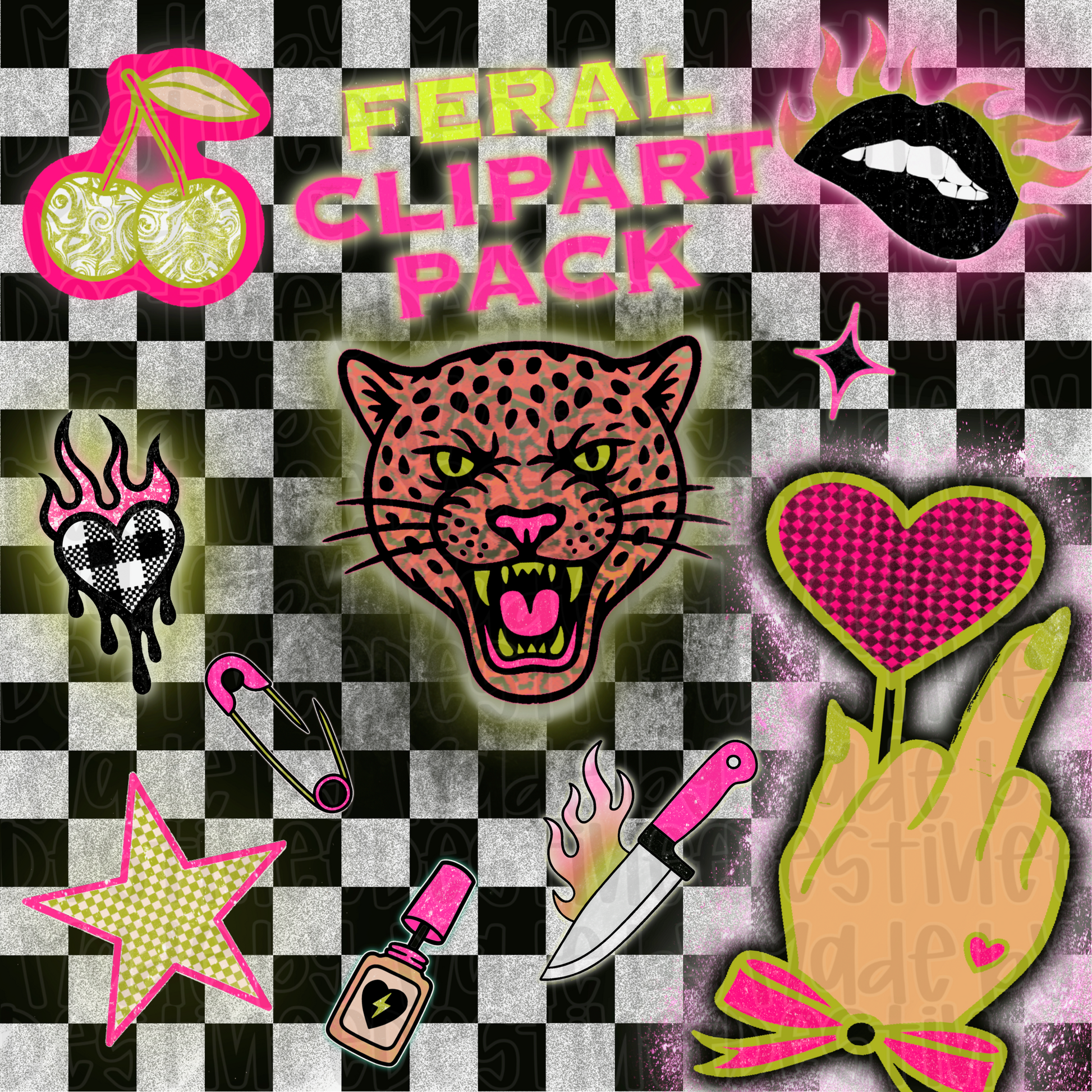 Feral Clipart Pack – Grunge Y2K Digital Sticker Set | Punk Leopard, Cherry, Knife, Flame Lips + More