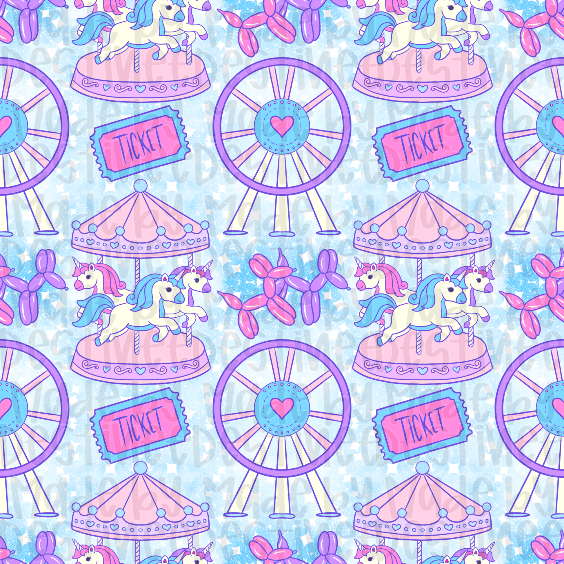 Pastel Carnival Seamless Pattern – Cute Ferris Wheel, Carousel & Balloon Animals Digital Download