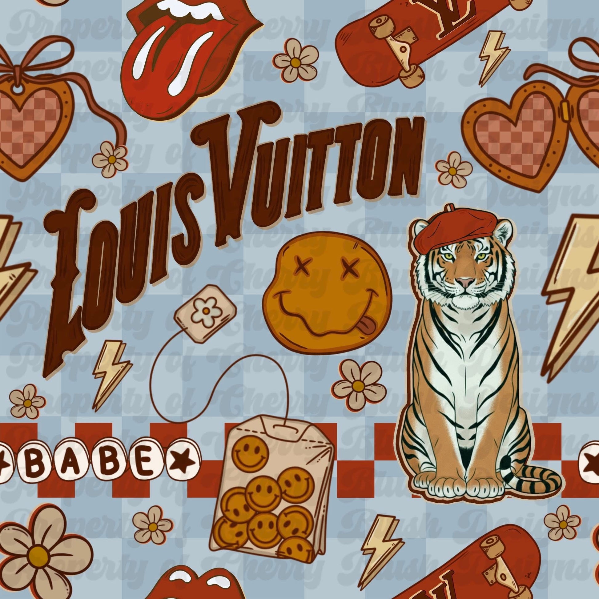 Retro Street Babe Seamless Pattern | Trendy Y2K Streetwear Seamless | Smiley & Tiger Pattern