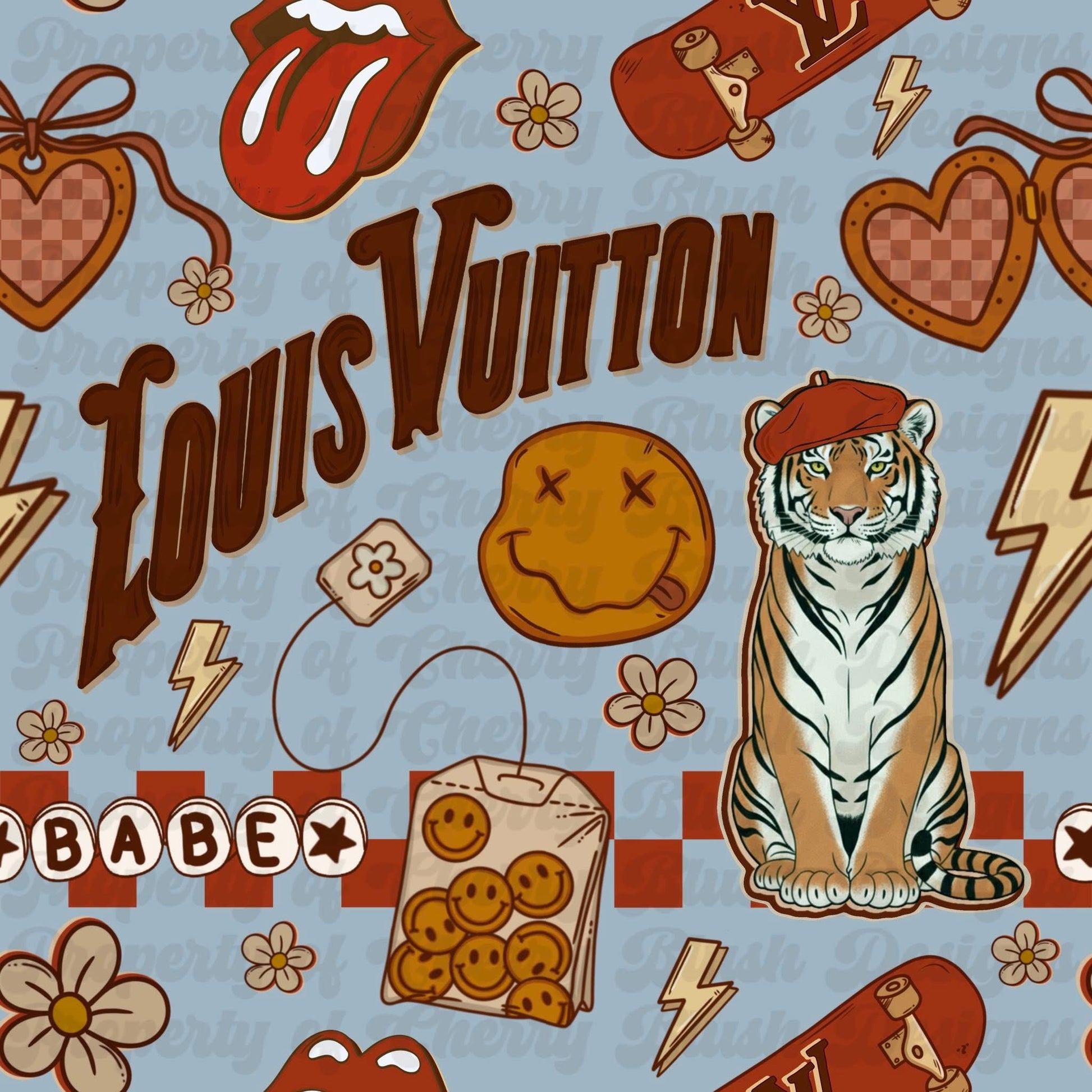 Retro Street Babe Seamless Pattern | Trendy Y2K Streetwear Seamless | Smiley & Tiger Pattern