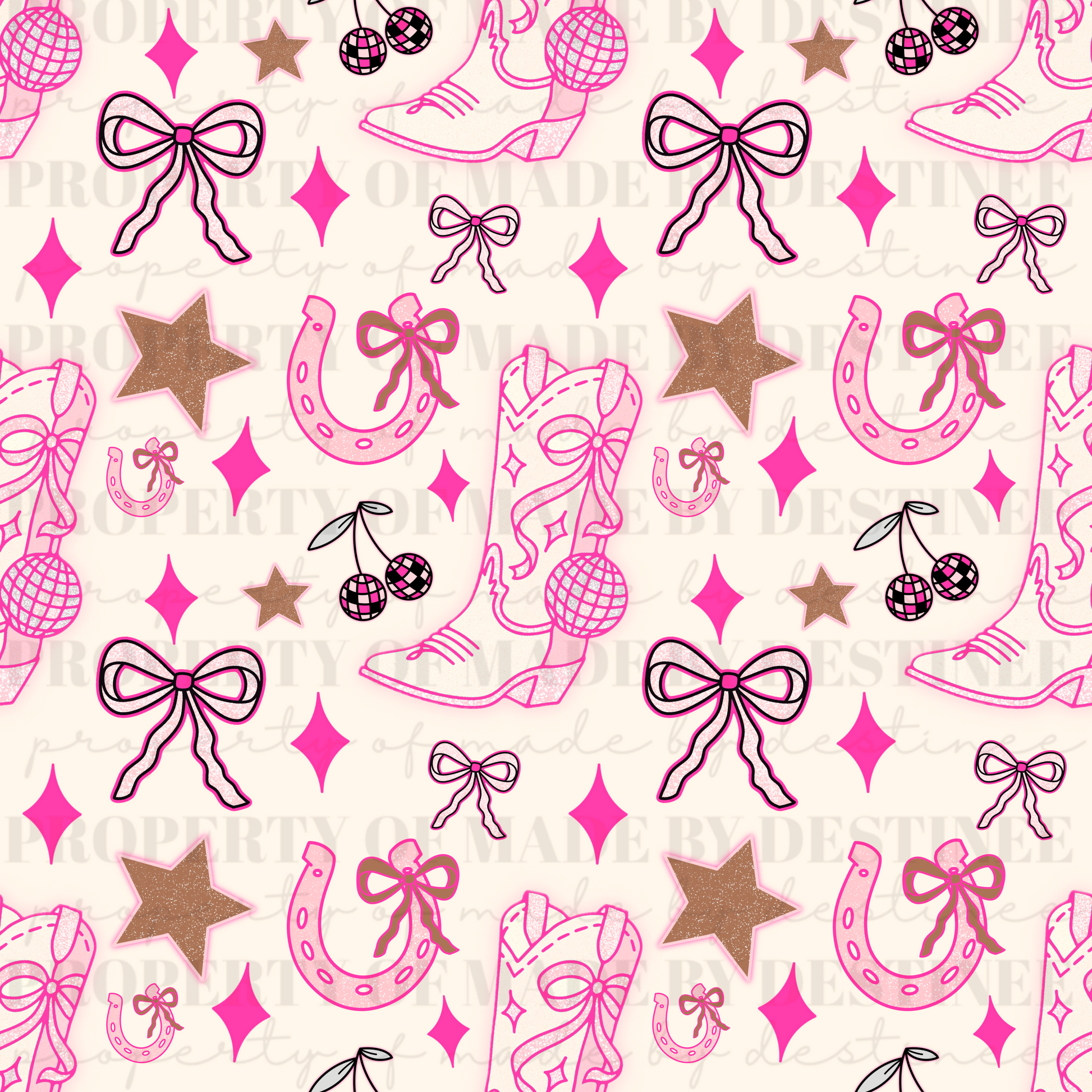 Pink Western Disco Seamless Pattern – Boots, Bows, Horseshoes & Stars