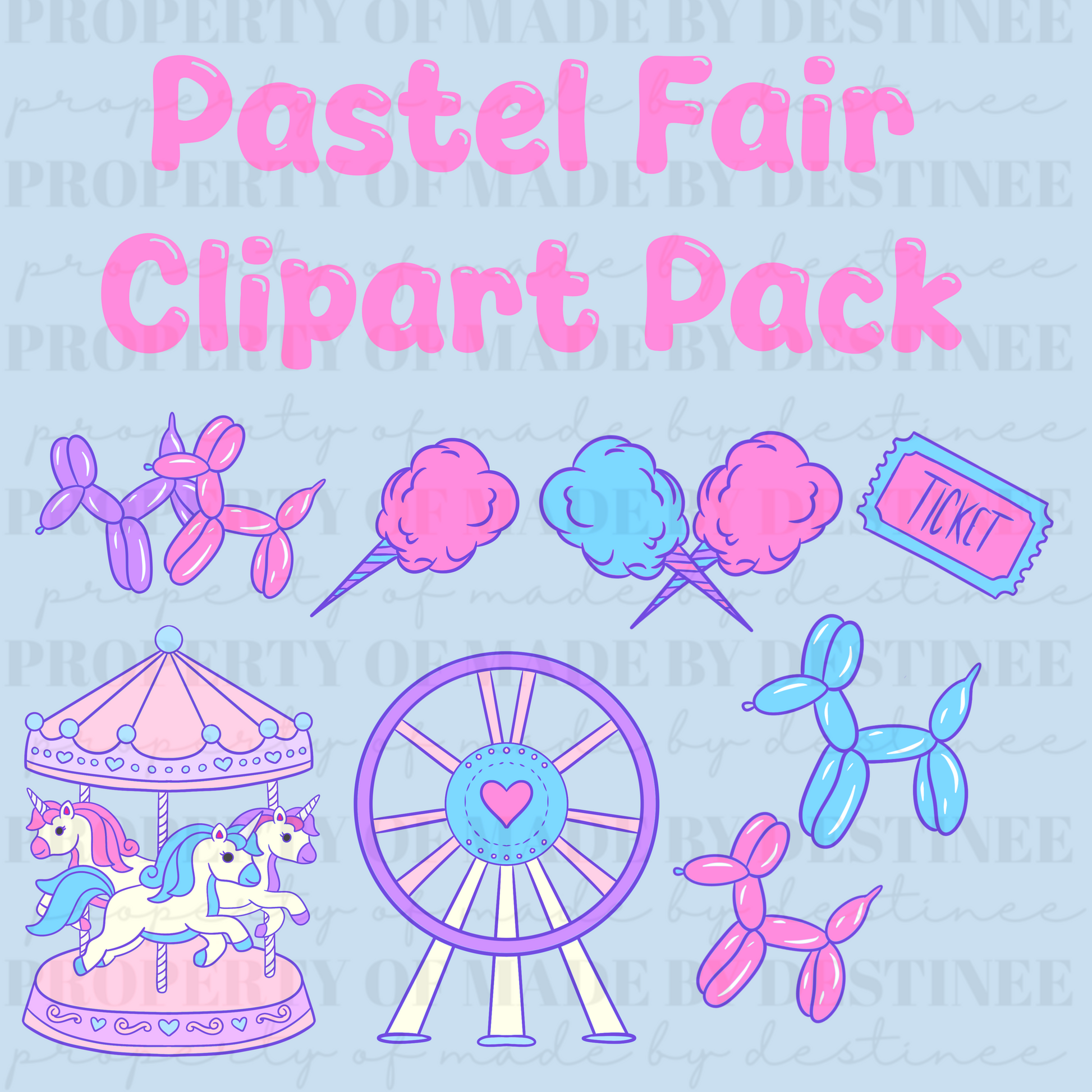 Pastel Fair Clipart Pack | Cotton Candy, Balloons, Carousel & Ferris Wheel PNGs