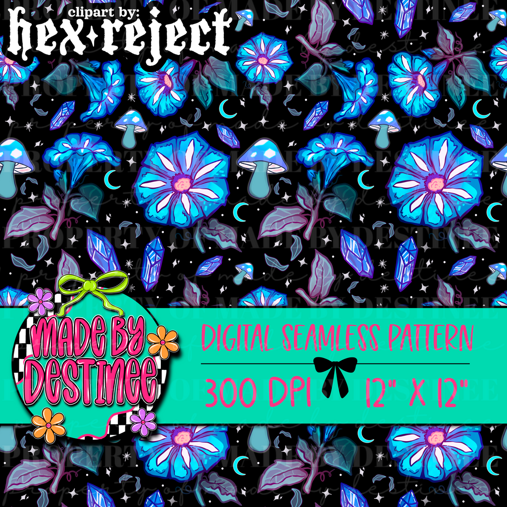 Mystic Blue Flowers & Crystals Seamless Pattern | Digital Moon & Mushroom Galaxy Design