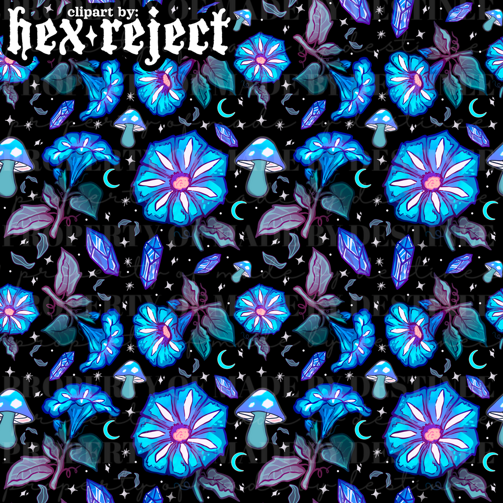 Mystic Blue Flowers & Crystals Seamless Pattern | Digital Moon & Mushroom Galaxy Design