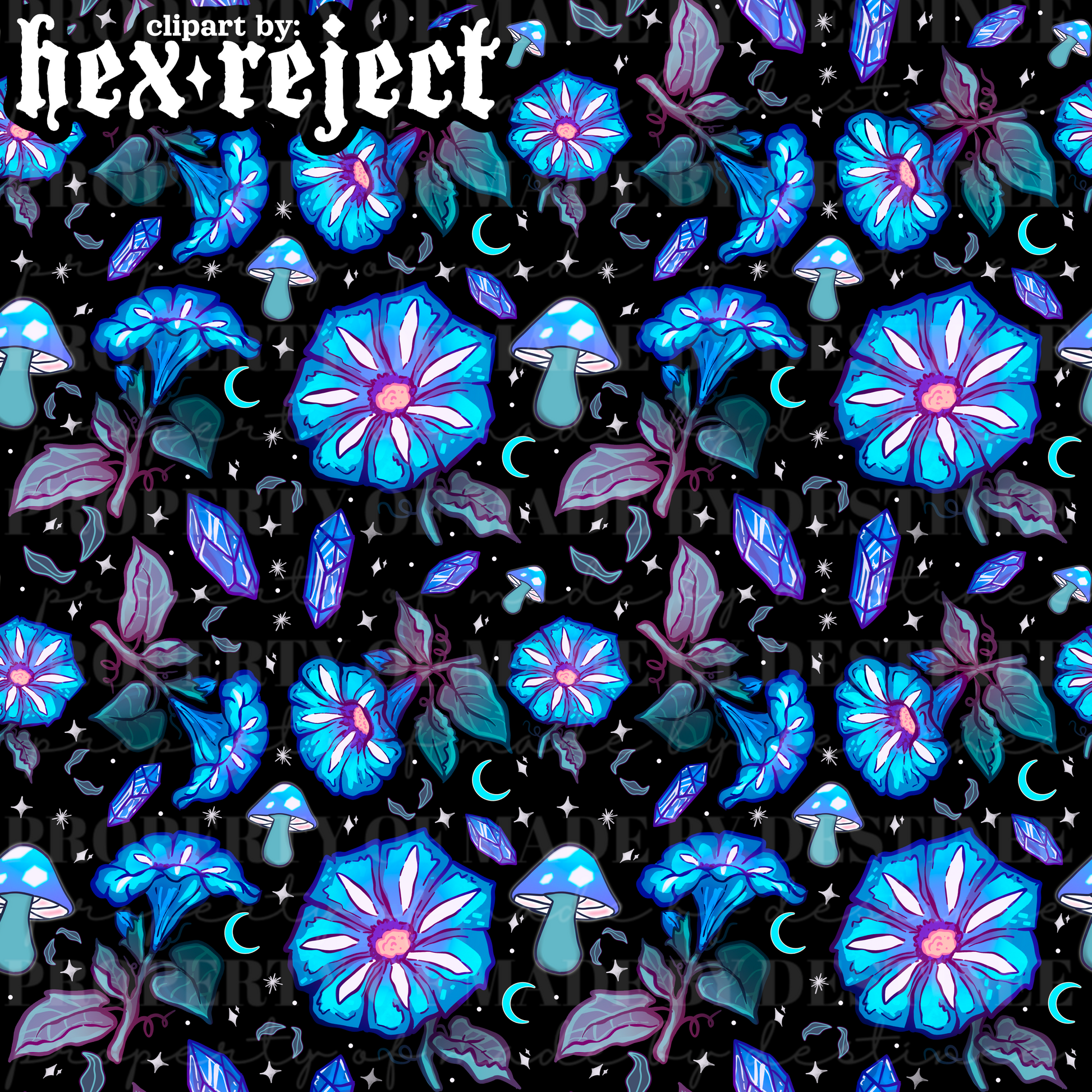 Mystic Blue Flowers & Crystals Seamless Pattern | Digital Moon & Mushroom Galaxy Design